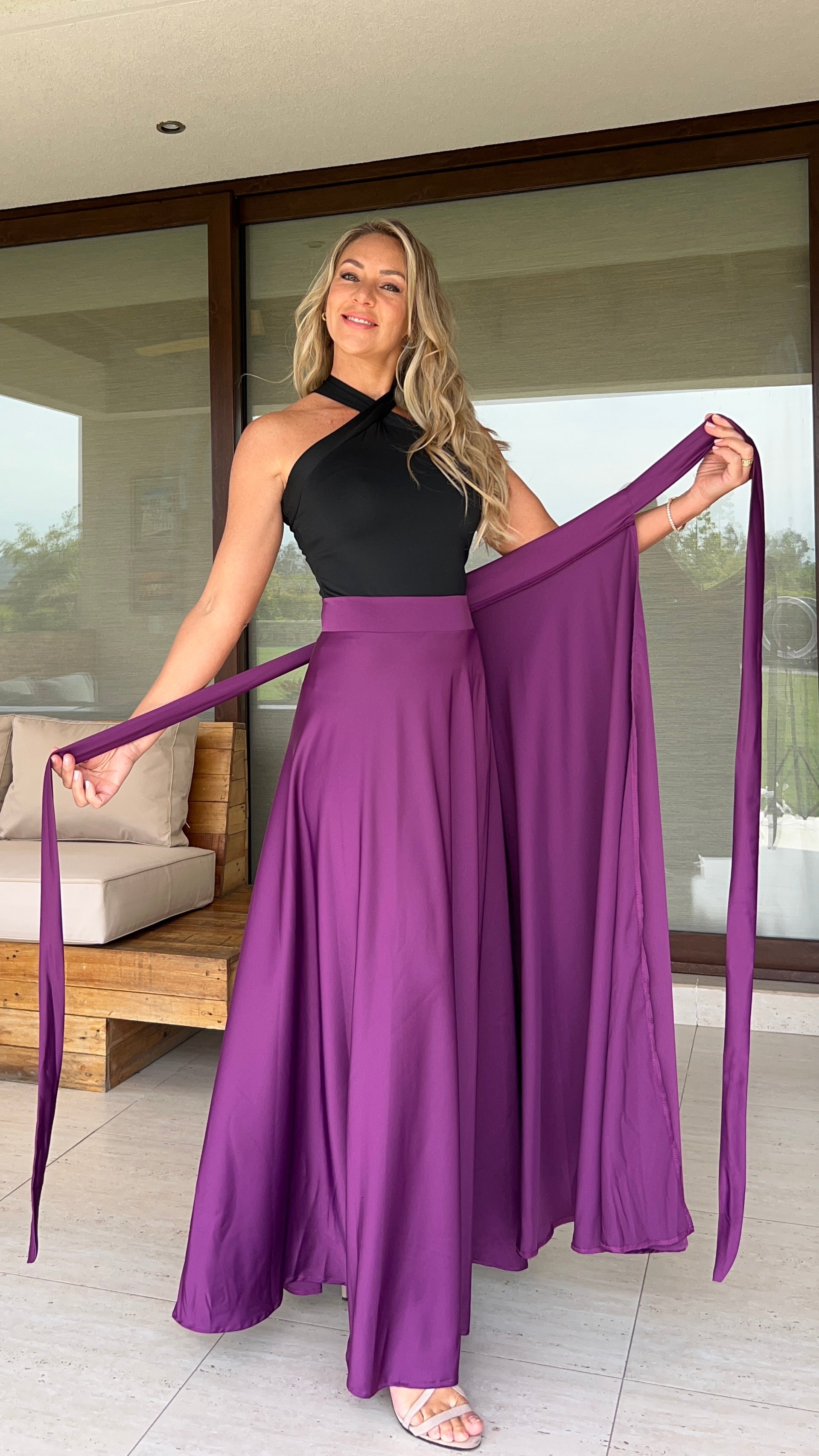 Falda envolvente piel de seda púrpura | falda tipo pareo fiesta morada color obispo| amoramar.cl 1