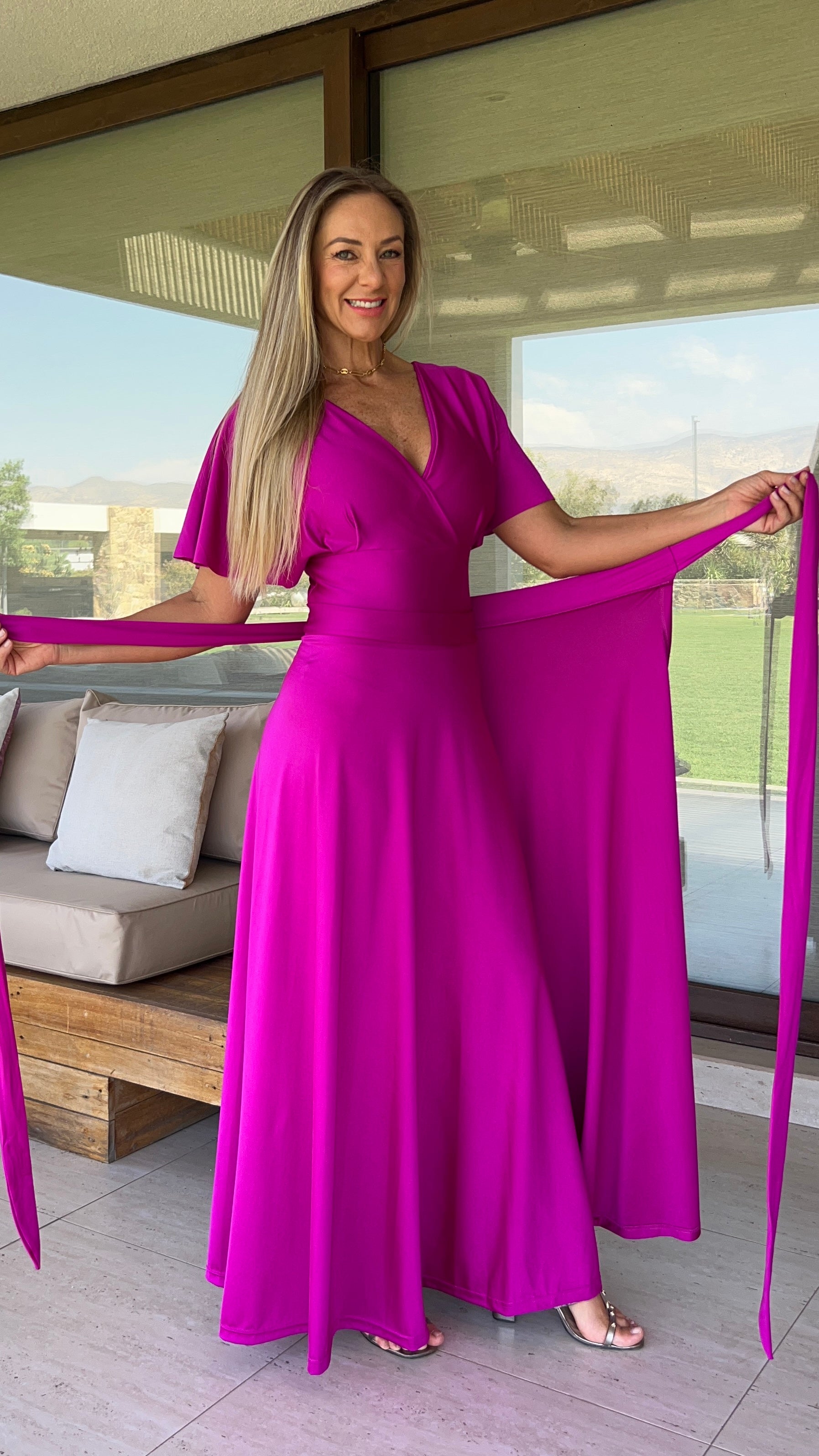 Falda envolvente Dupont magenta| falda larga tipo pareo de fiesta magenta fucsia| amoramar.cl 2