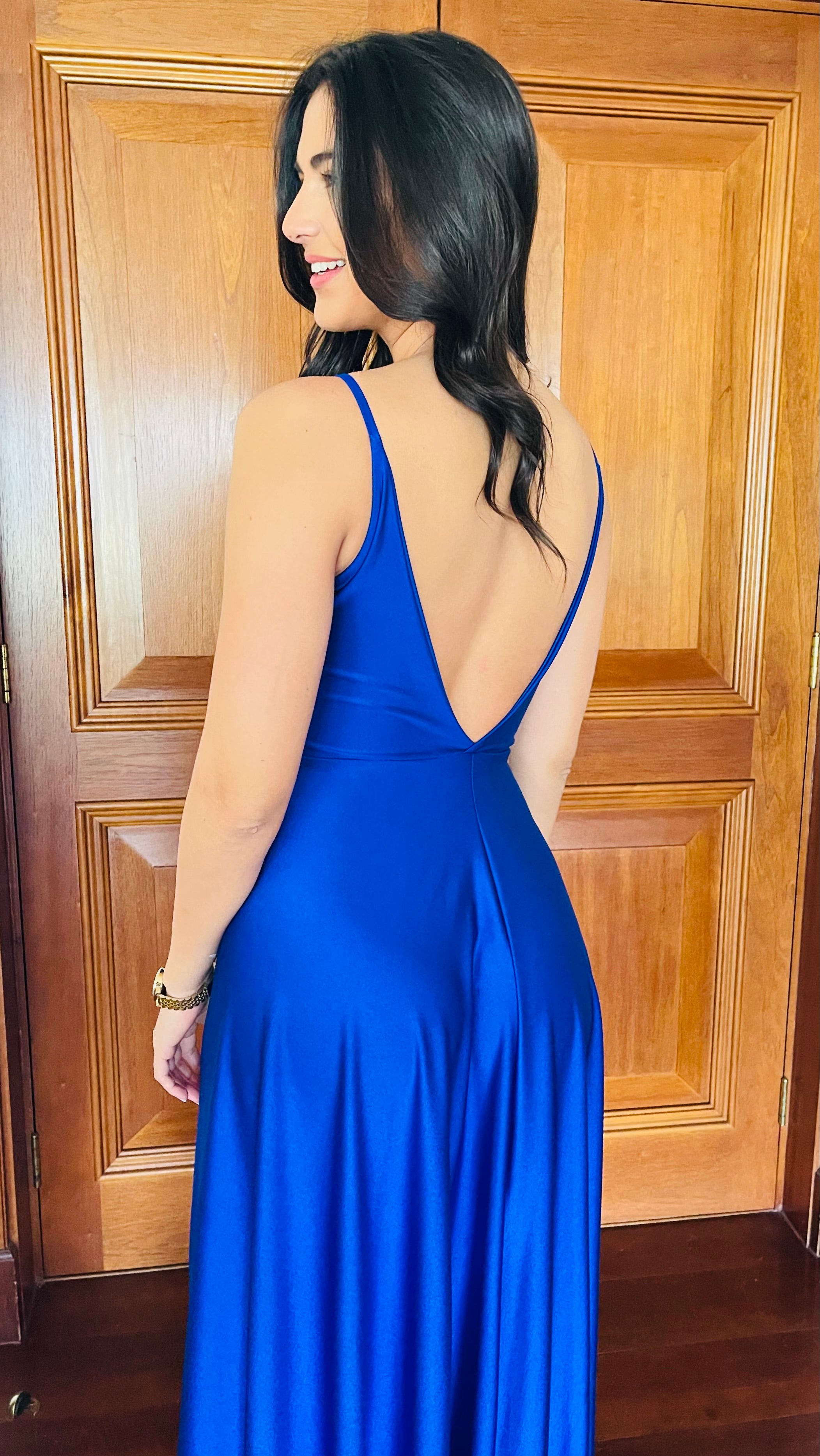 Vestido Amanda en V Dupont Azul Eléctrico