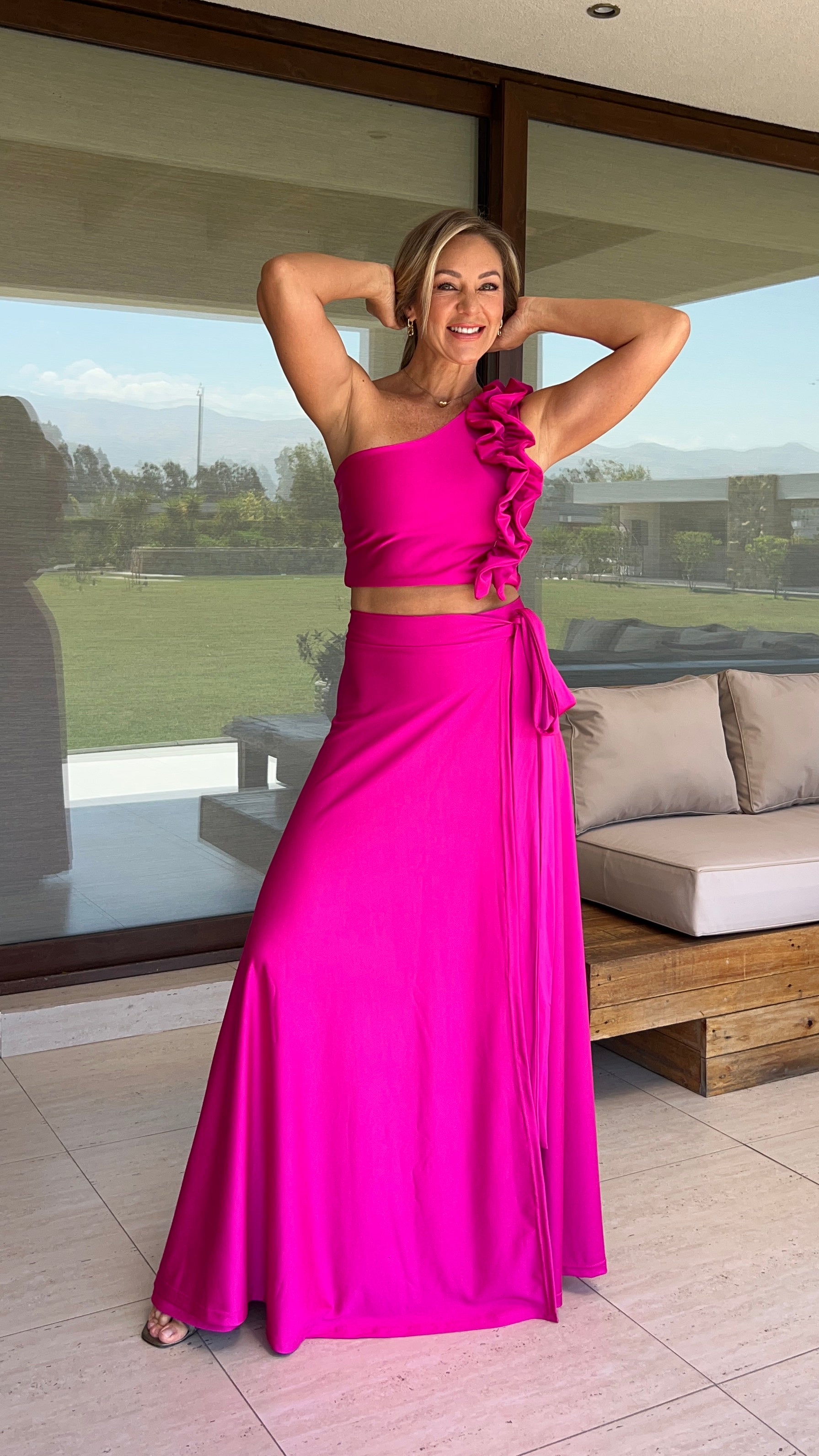 Falda envolvente dupont fucsia| Conjunto Fiesta fucsia falda larga|Amoramar.cl