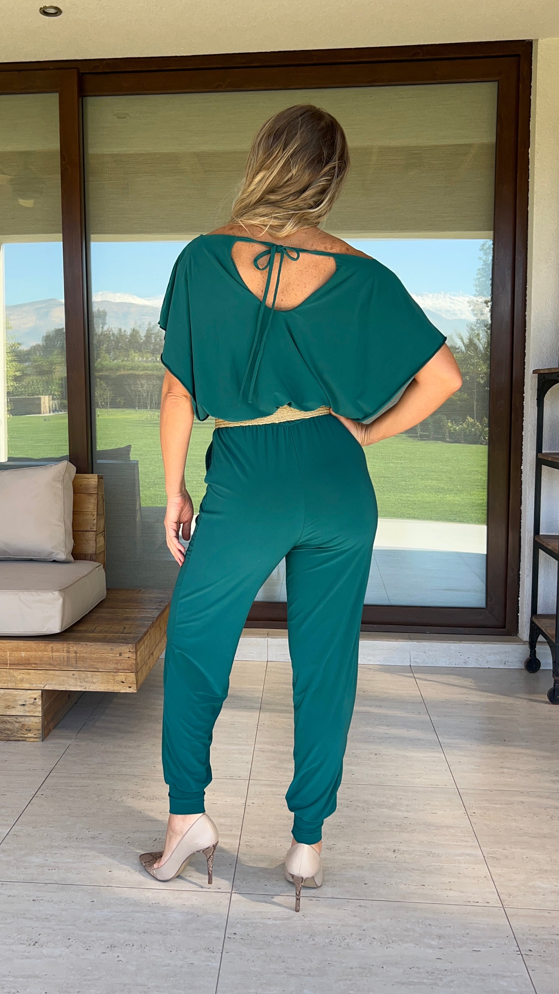 Enterito Cloe verde botella| Enterizo largo con bolsillos verde oscuro |Amoramar.cl 1