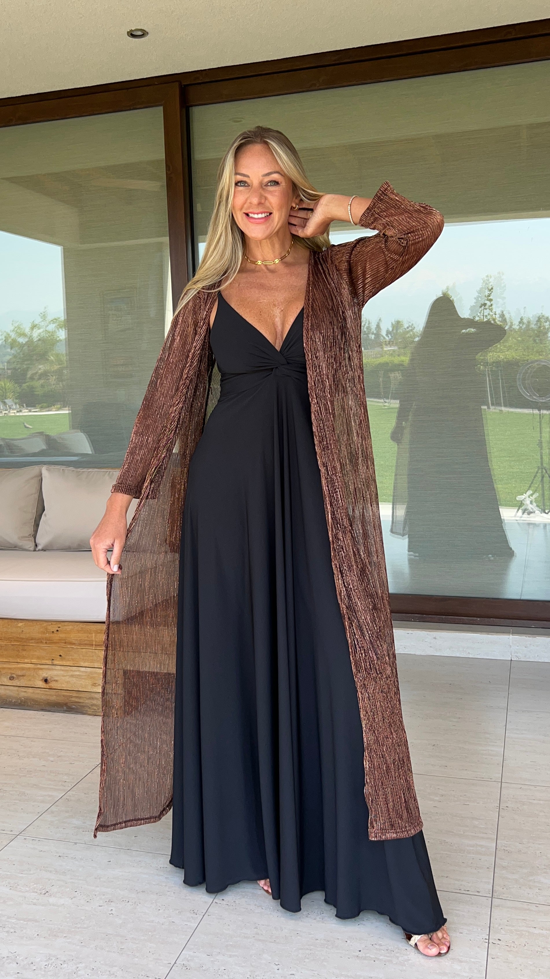 Tapado plisado cobre| kimono fiesta dorado cobre | Amoramar.cl