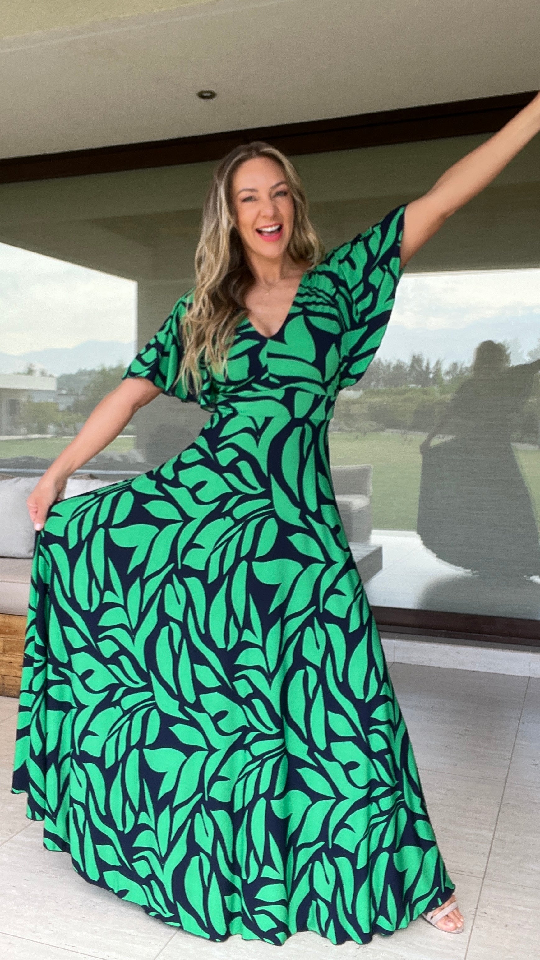 Vestido Manga de Ángel Estampado Verde / Azul