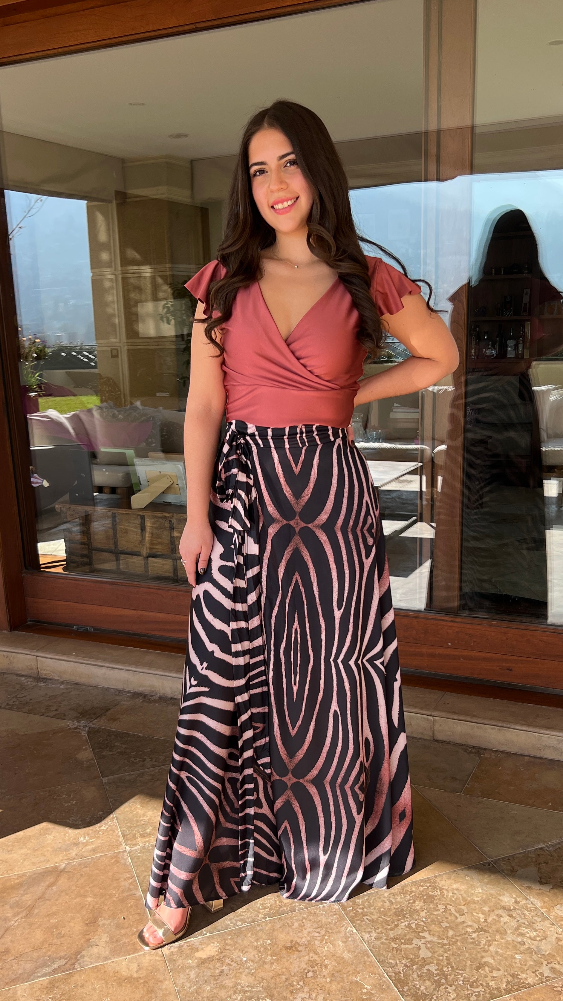 Falda envolvente Seda África salmón | falda de fiesta cebra| Amoramar.cl 27
