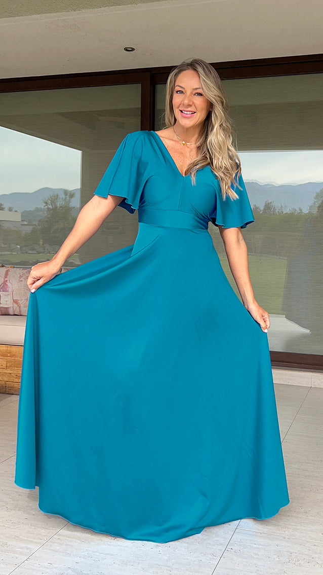 Vestido manga de ángel Dupont azul turquesa| vestido manga murciélago calipso satinado de fiesta| Amoramar.cl