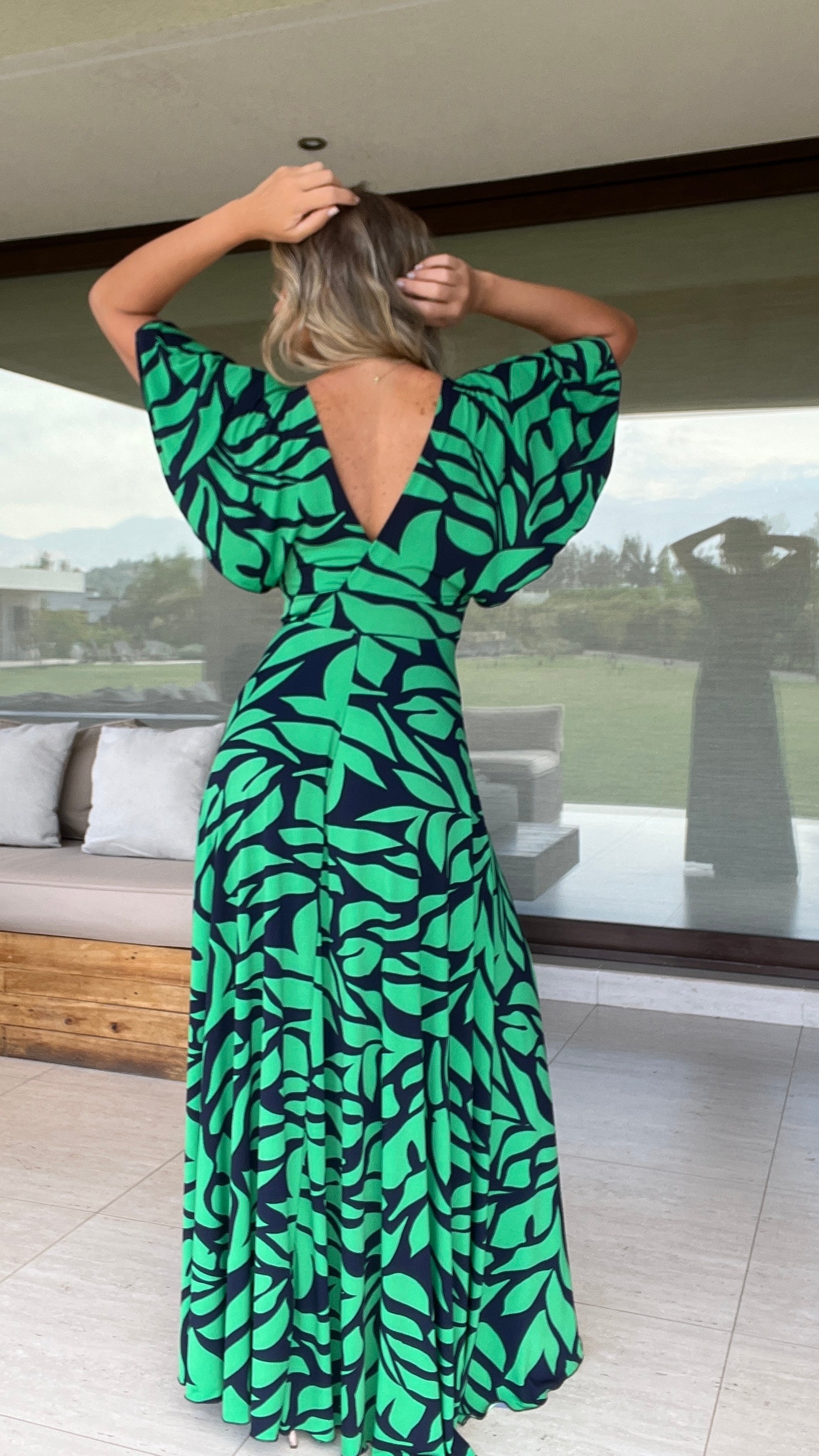 Vestido Manga de Ángel Estampado Azul Verde | Vestido de Fiesta Estampado 1 | Amoramar.cl