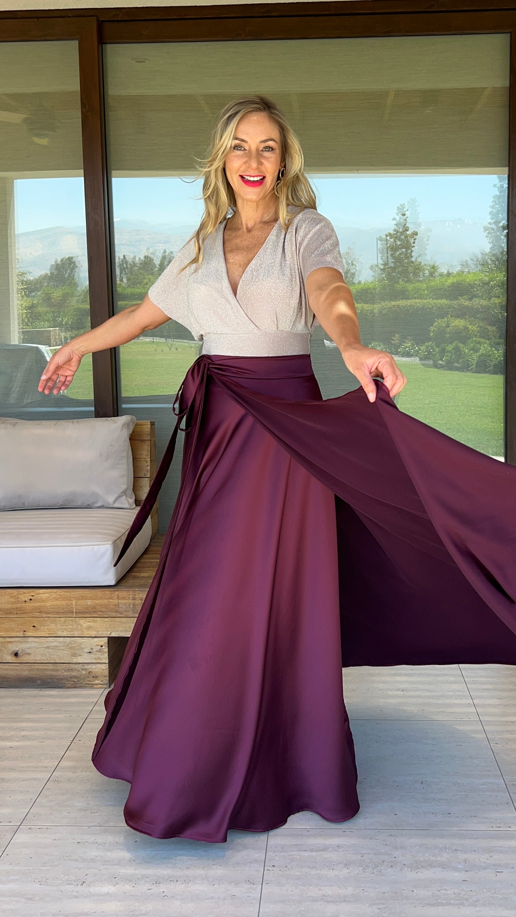 Falda Envolvente Piel de Seda Berenjena