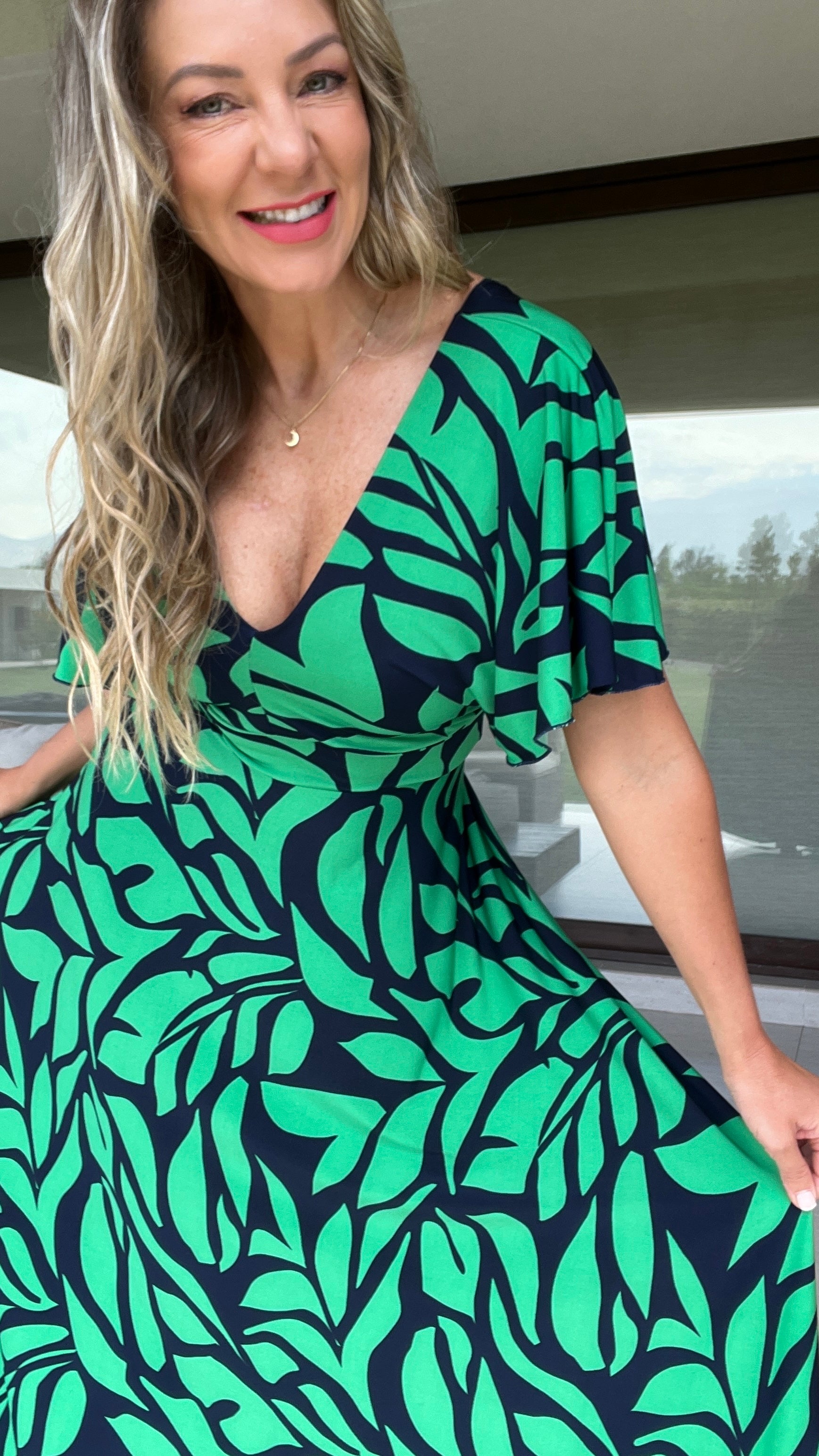 Vestido Manga de Ángel Estampado Azul Verde | Vestido de Fiesta Estampado 2 | Amoramar.cl