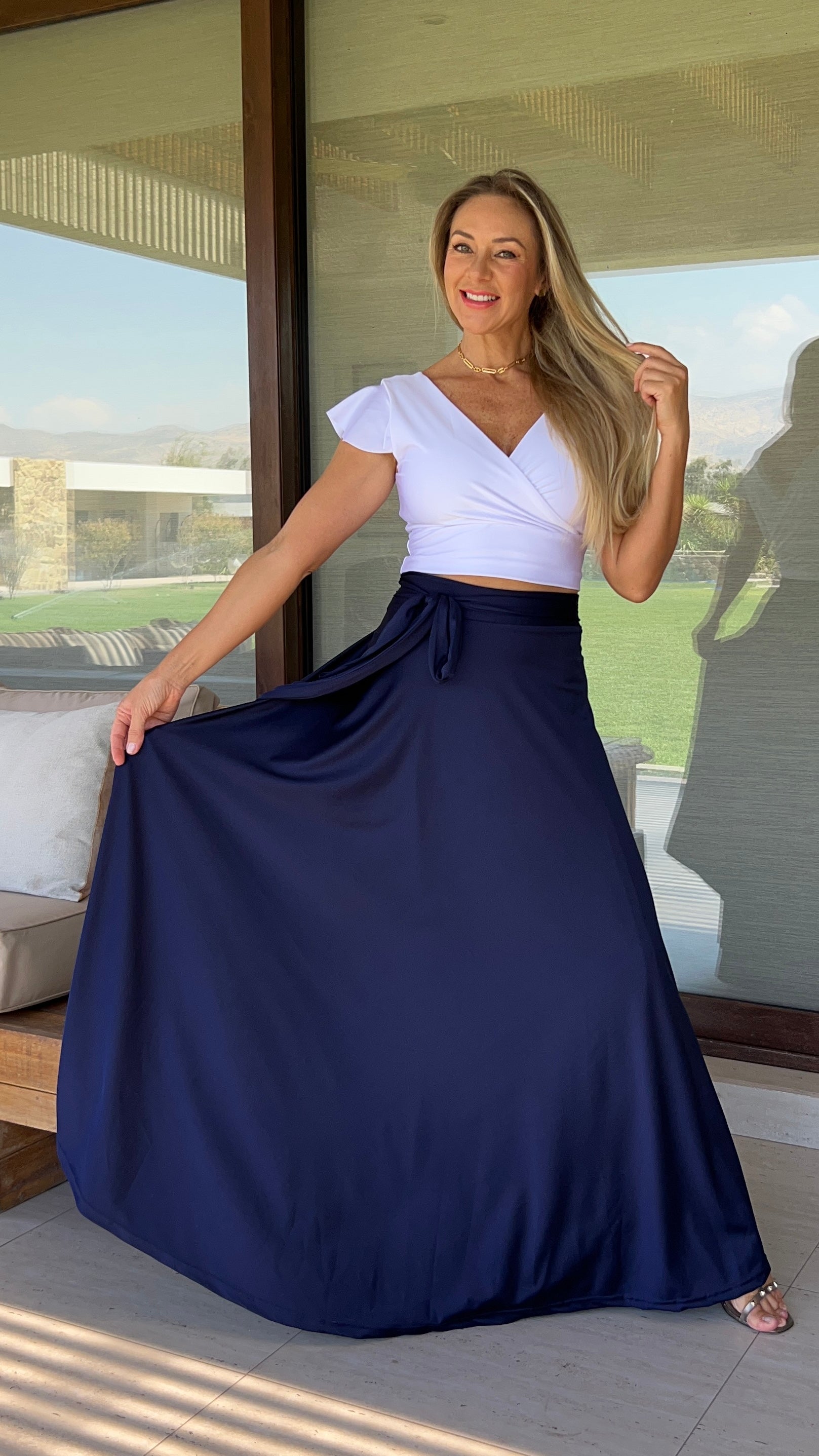 Falda envolvente Dupont azul marino | falda larga tipo pareo de fiesta azul marino | amoramar.cl 6