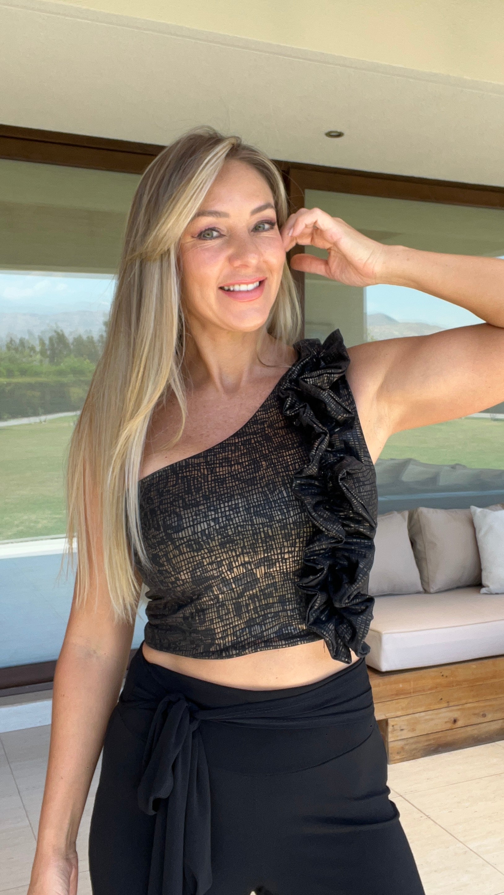 Crop Top Asimétrico Catherine Print Dorado Gris