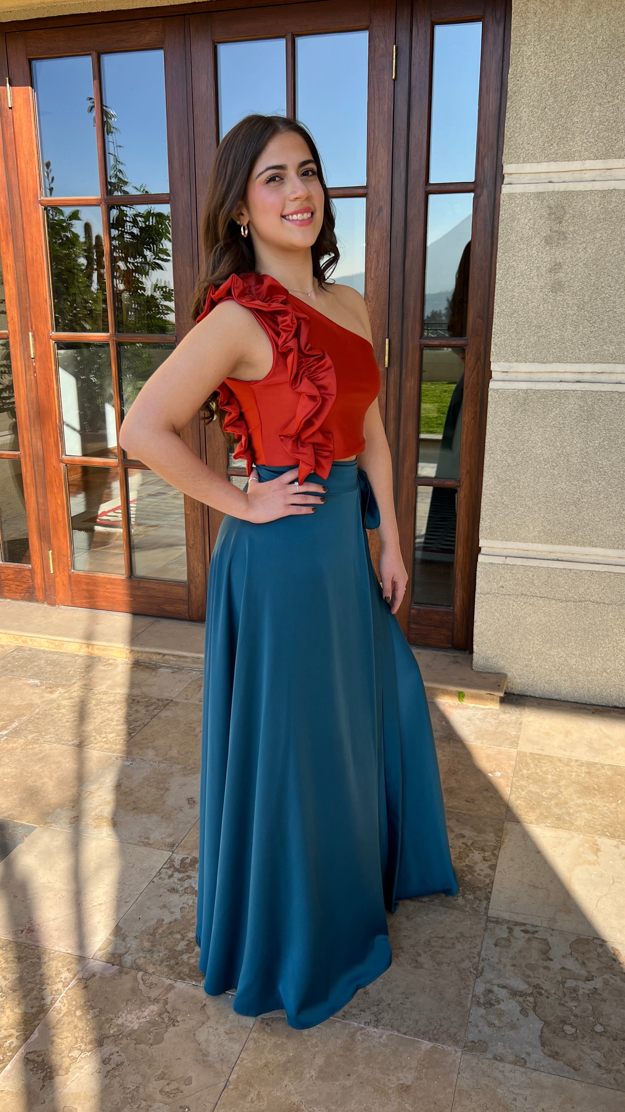 Falda envolvente azul petróleo amarre tipo pareo| falda larga fiesta mujer| Amoramar.cl 7