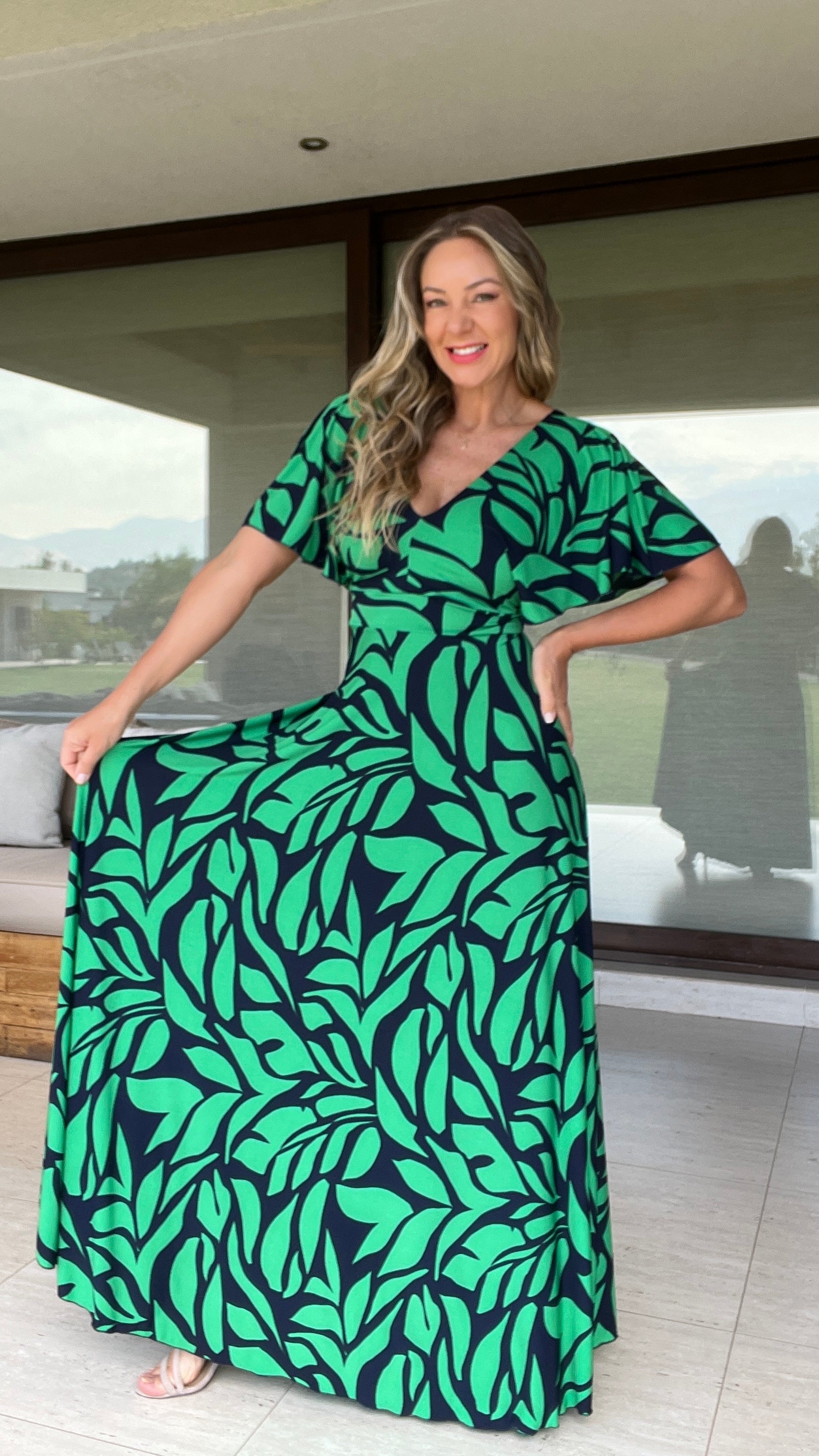 Vestido Manga de Ángel Estampado Azul Verde | Vestido de Fiesta Estampado | Amoramar.cl