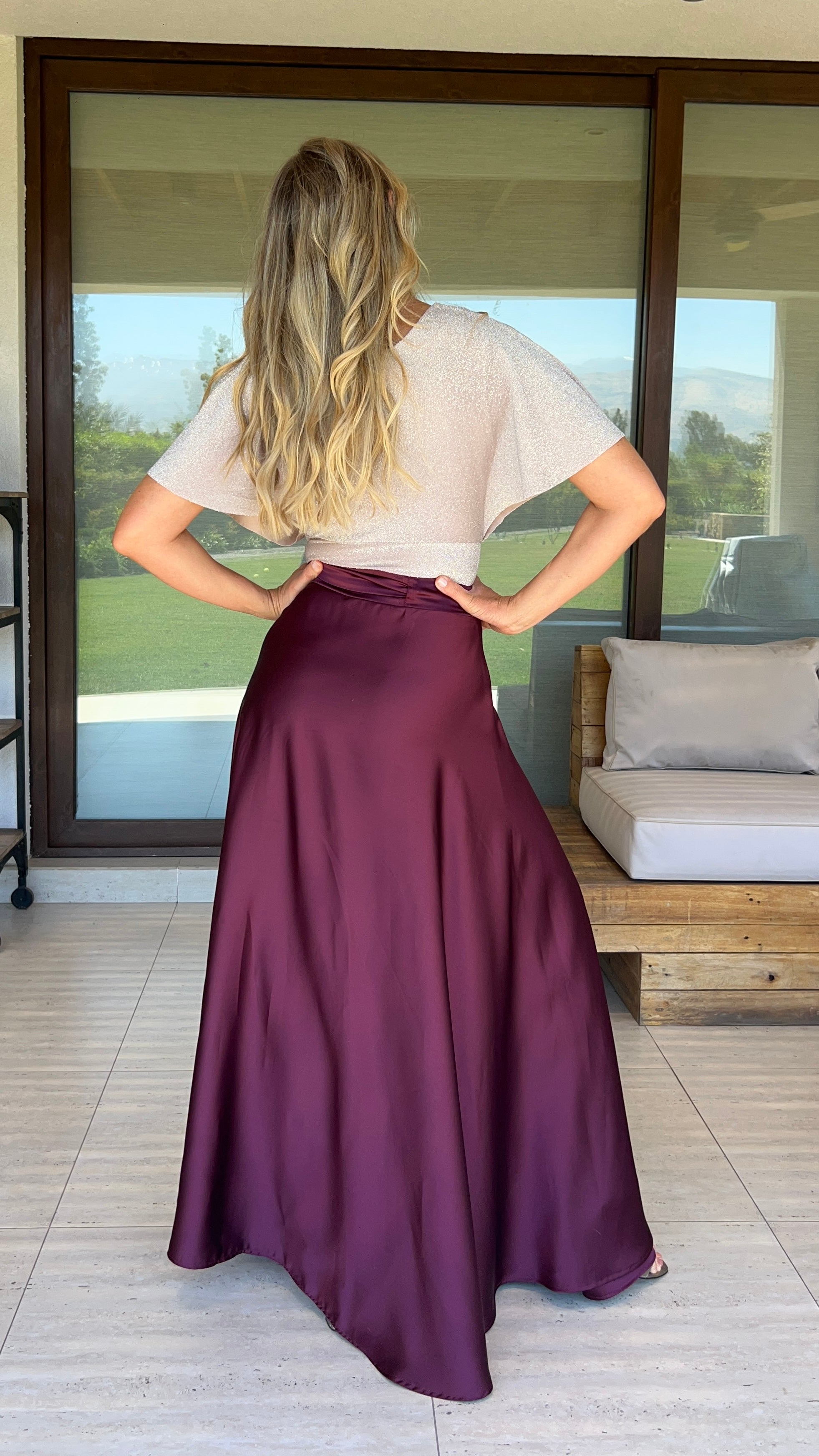 Falda Envolvente Piel de Seda Berenjena