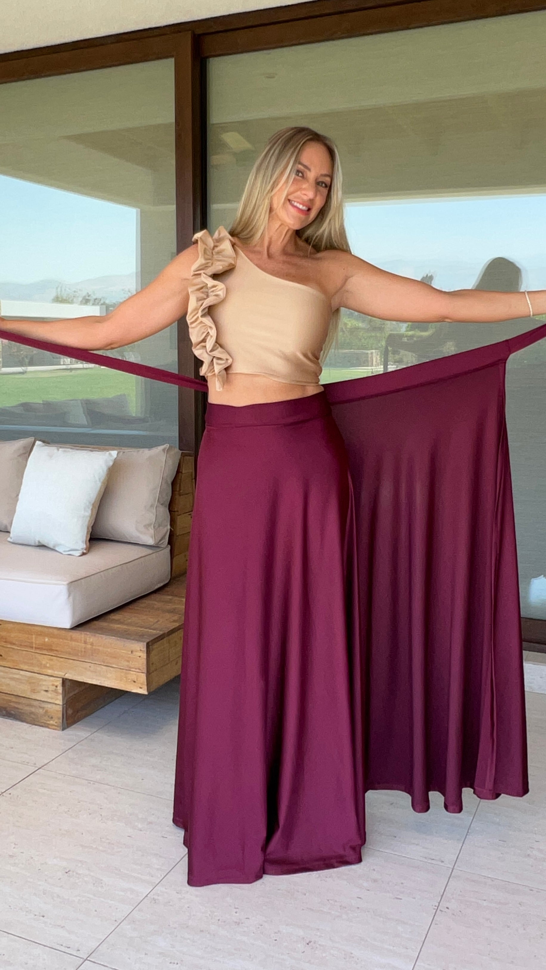 Falda envolvente Dupont Burdeos| falda de fiesta tipo pareo Burdeos| amoramar.cl 5