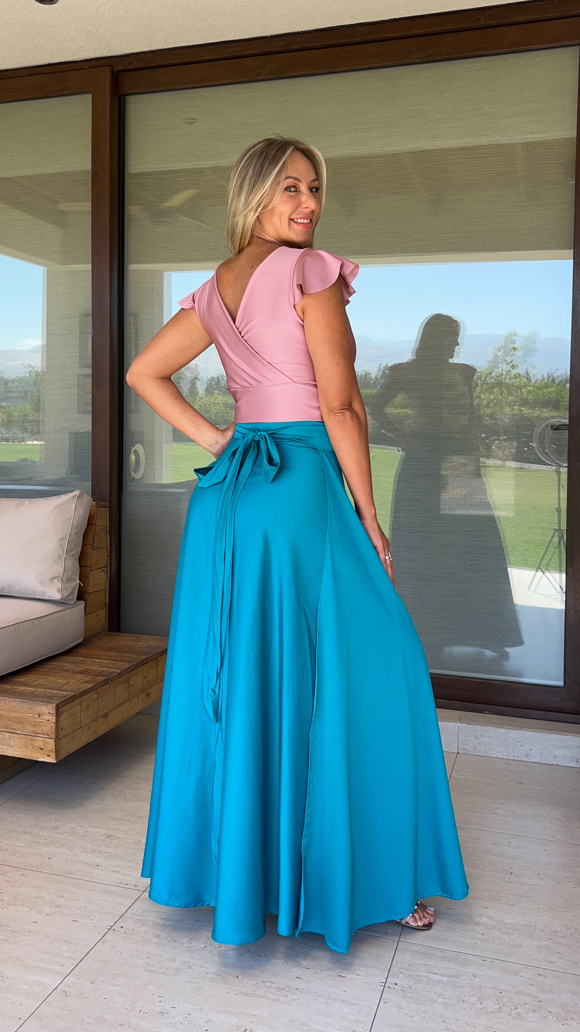 Falda envolvente piel de seda turquesa| falda fiesta mujer tipo pareo azul turquesa| AMORAMAR.cl 7