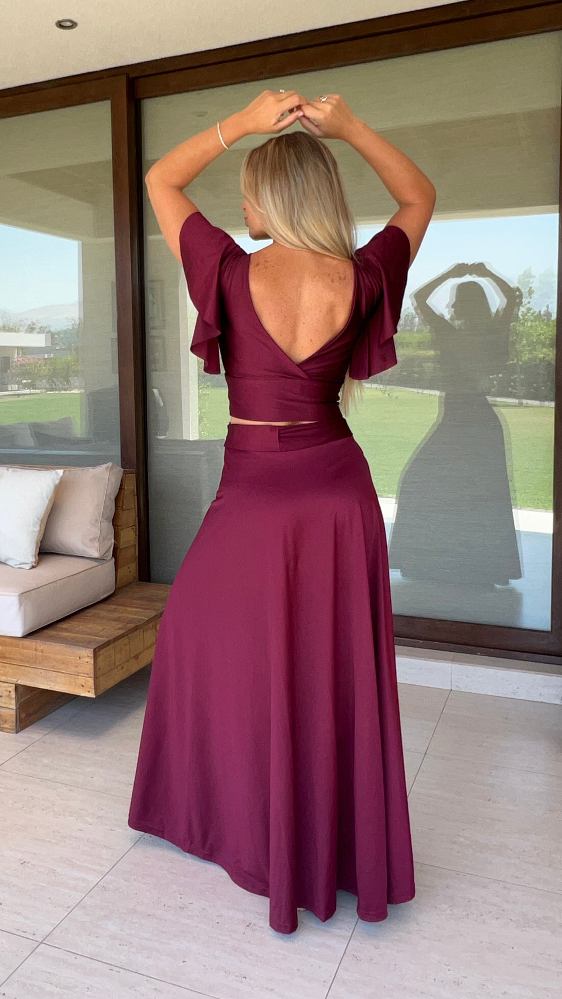 Falda envolvente Dupont Burdeos| falda de fiesta tipo pareo Burdeos| amoramar.cl 2