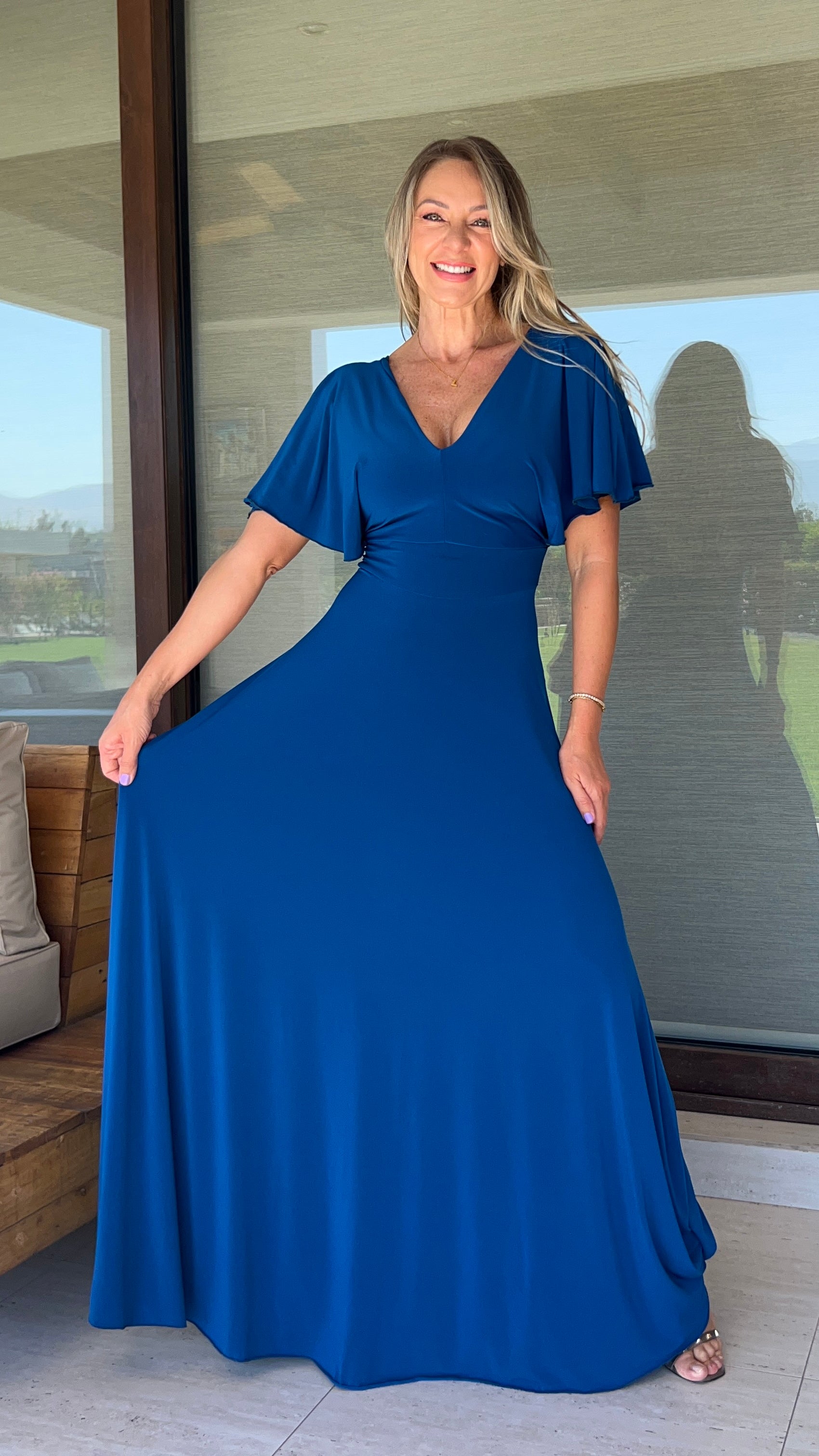 Vestido manga de ángel Azul Petróleo | Vestido largo de fiesta | Amoramar.cl