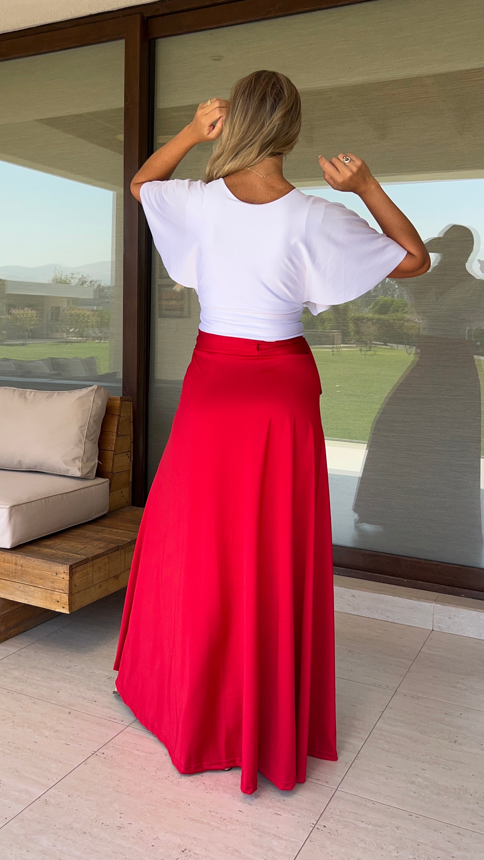 Falda envolvente Dupont roja| falda larga tipo pareo fiesta rojo| Amoramar.cl 4