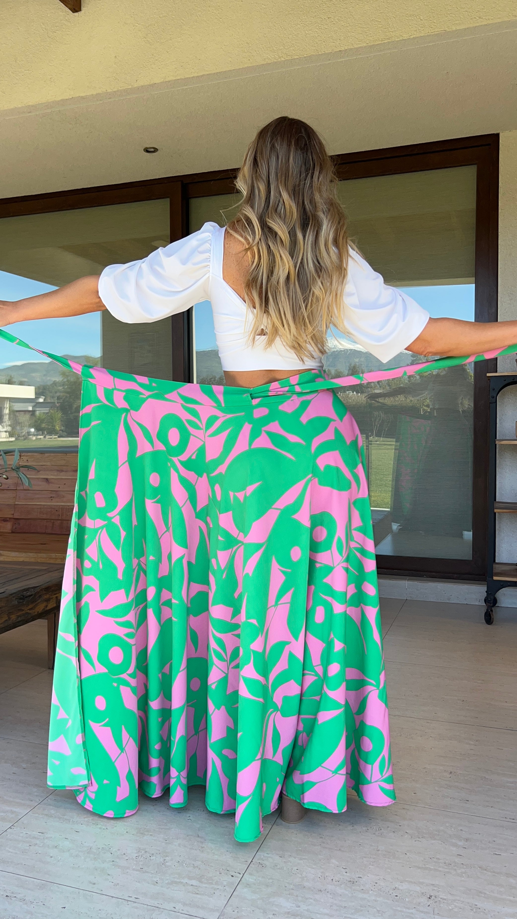 Falda Envolvente de Seda Verde Rosa