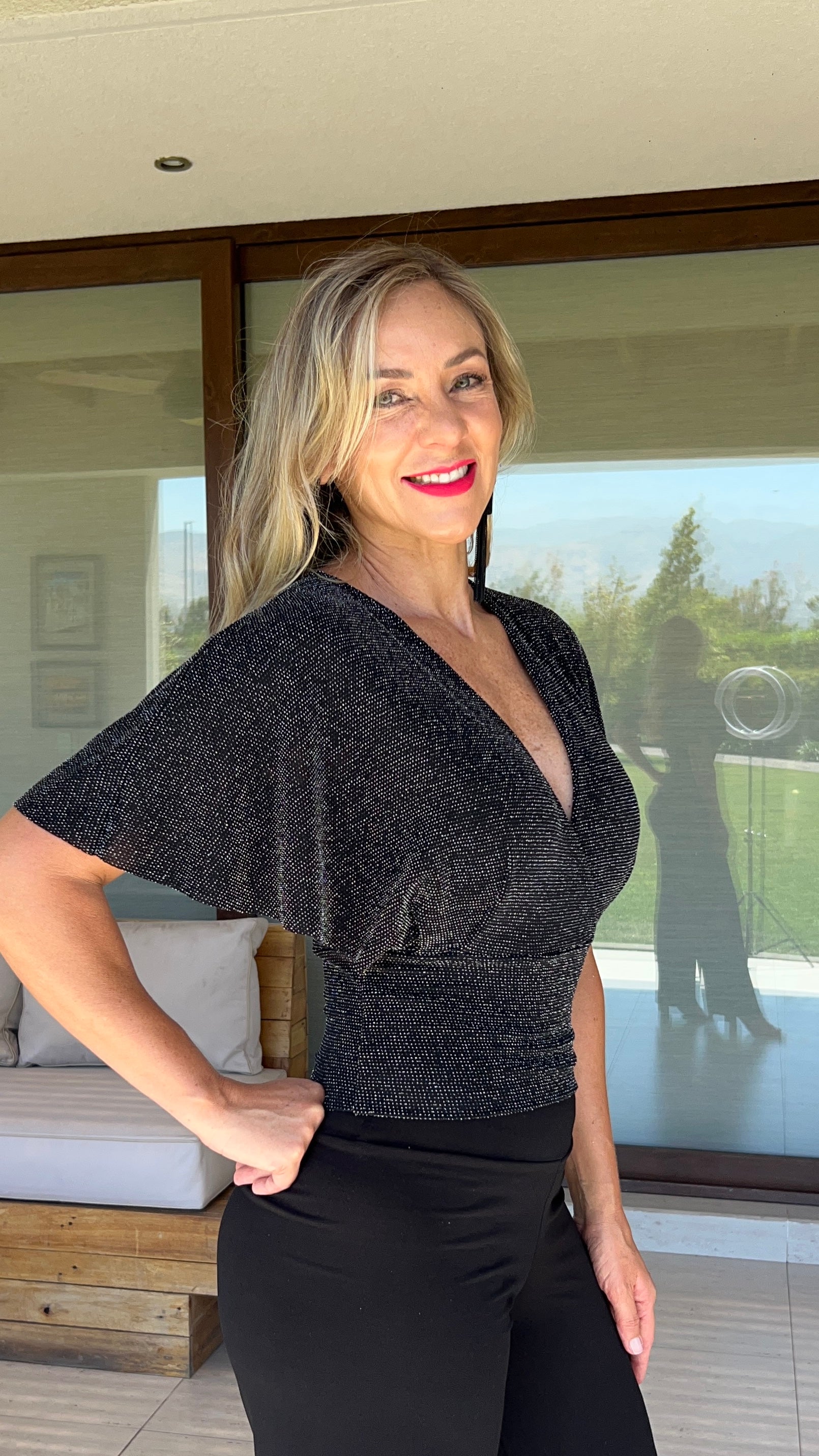 Top Carmela Negro Puntos Plata