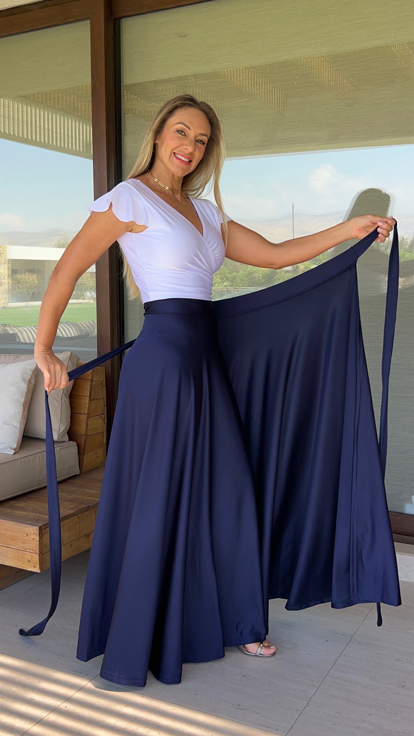 Falda envolvente Dupont azul marino | falda larga tipo pareo de fiesta azul marino | amoramar.cl 1