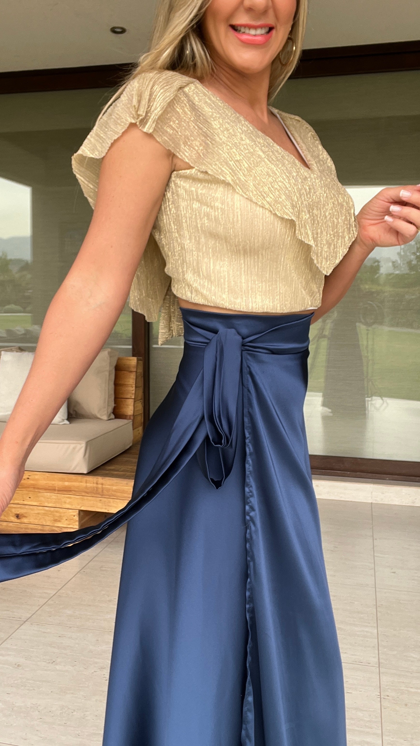 Falda Envolvente Piel de Seda Azul Marino
