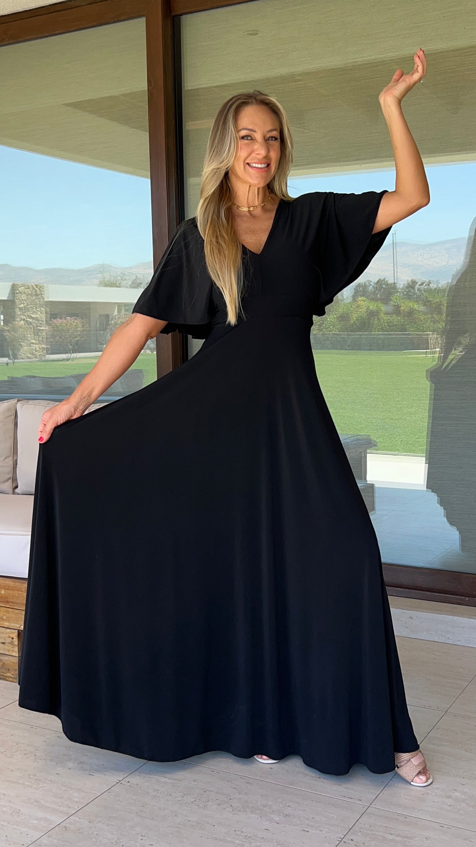 Vestido manga de ángel negro| vestido fiesta mujer manga murciélago negro opaco Lycra ity | amoramar.cl