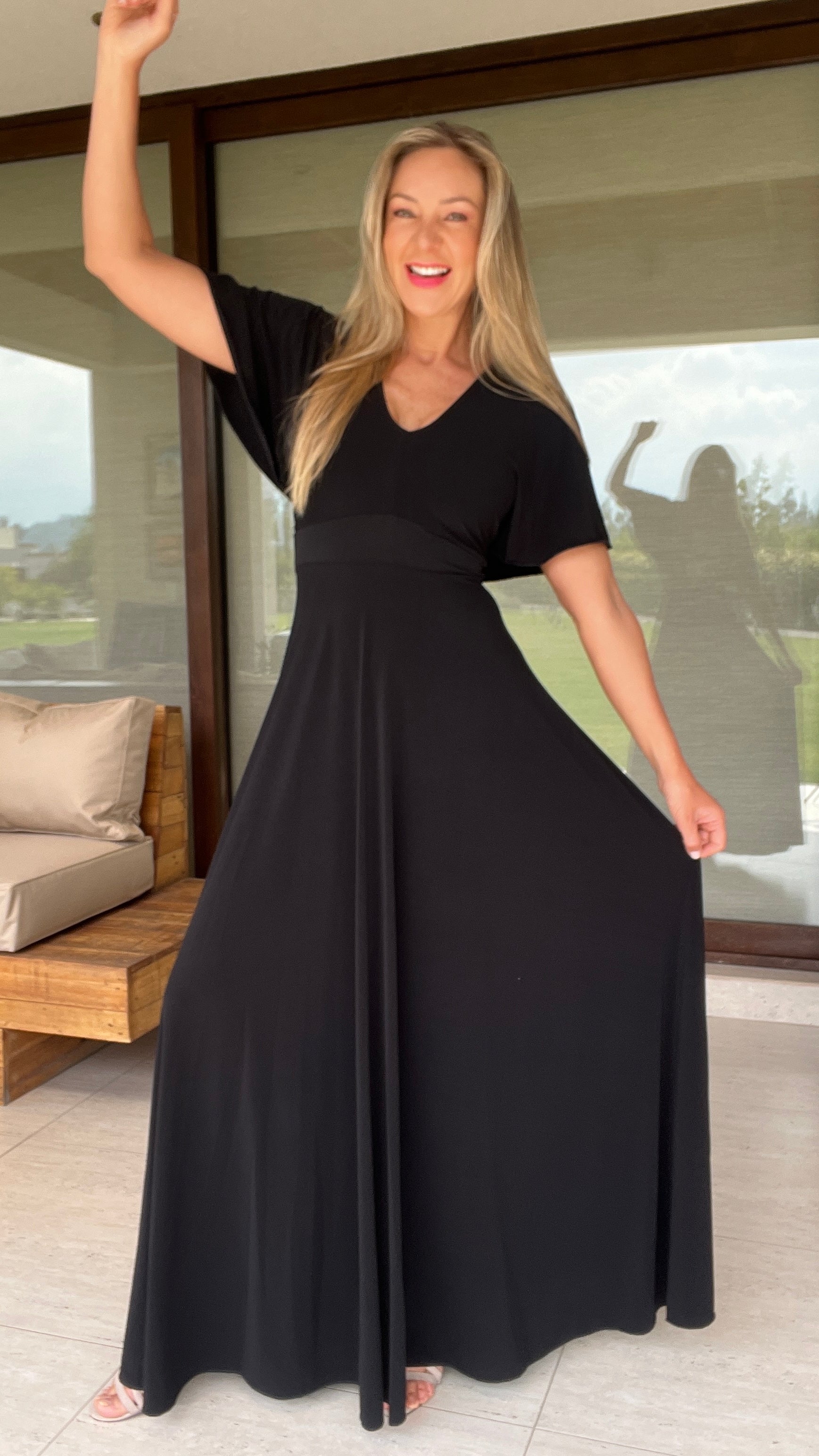 Vestido manga de ángel negro| vestido fiesta mujer manga murciélago negro opaco Lycra ity | amoramar.cl 7