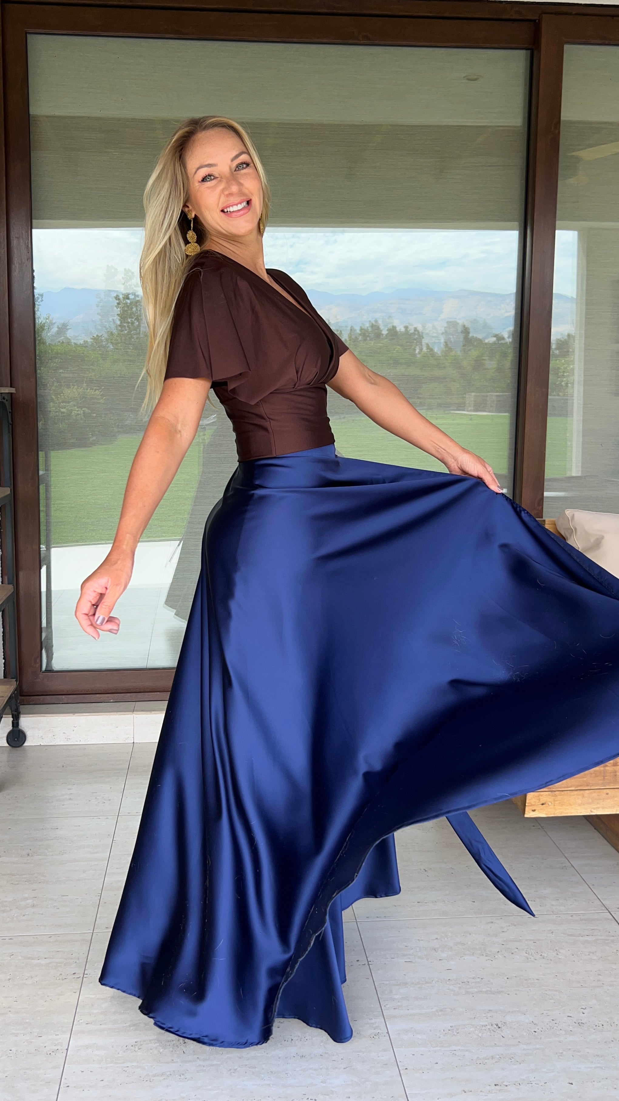 Falda Piel de Seda Azul Marino