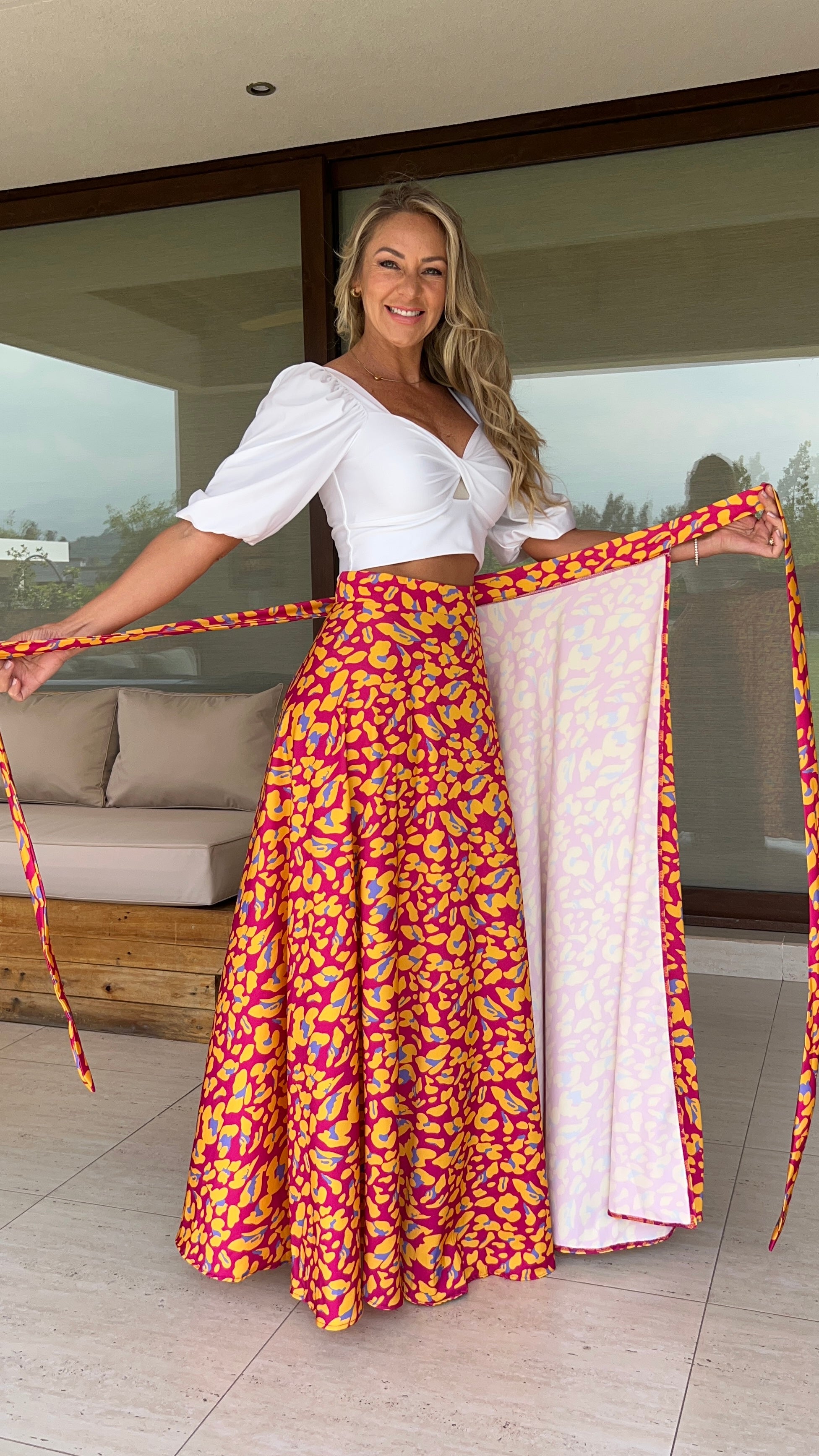 Falda Envolvente Piel de Seda Print Magenta/Amarillo