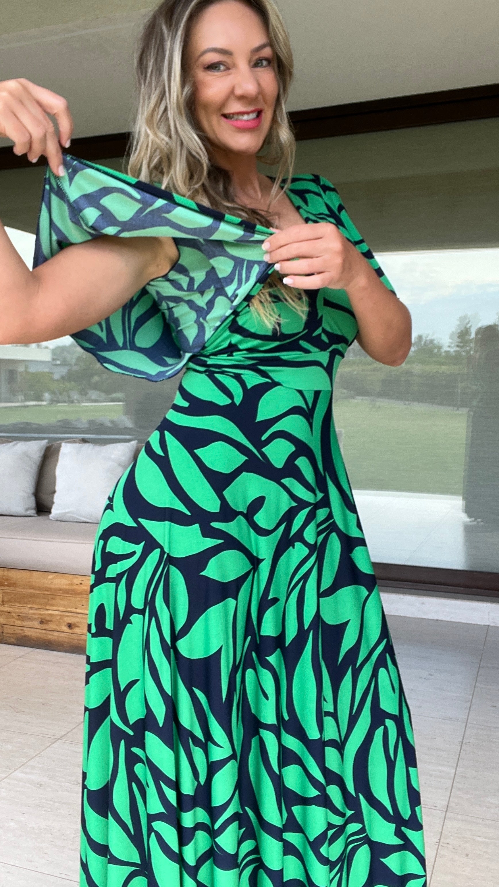 Vestido Manga de Ángel Estampado Azul Verde | Vestido de Fiesta Estampado 3 | Amoramar.cl