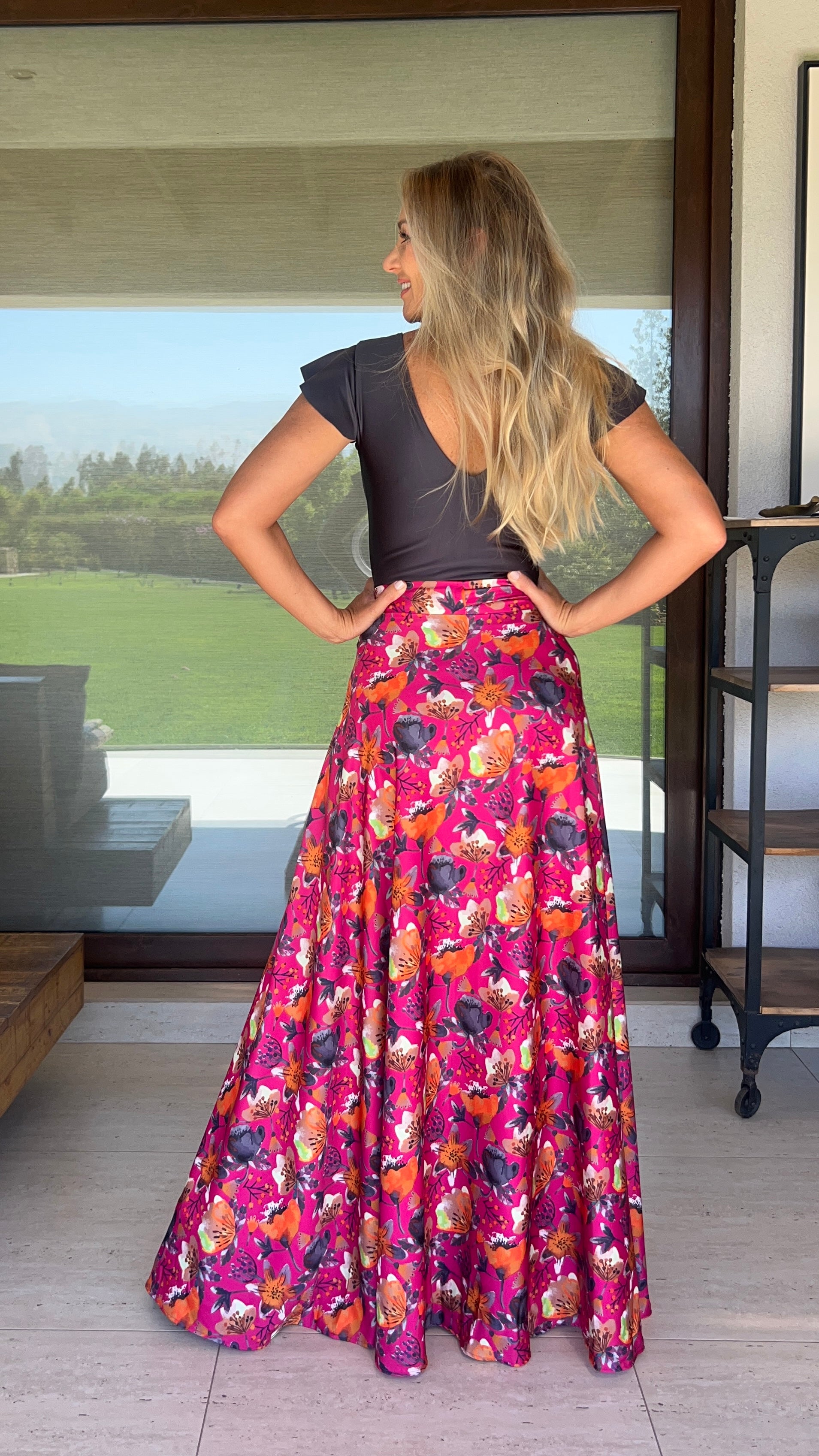 Falda Piel de Seda Magenta Flores Naranjo/Marengo