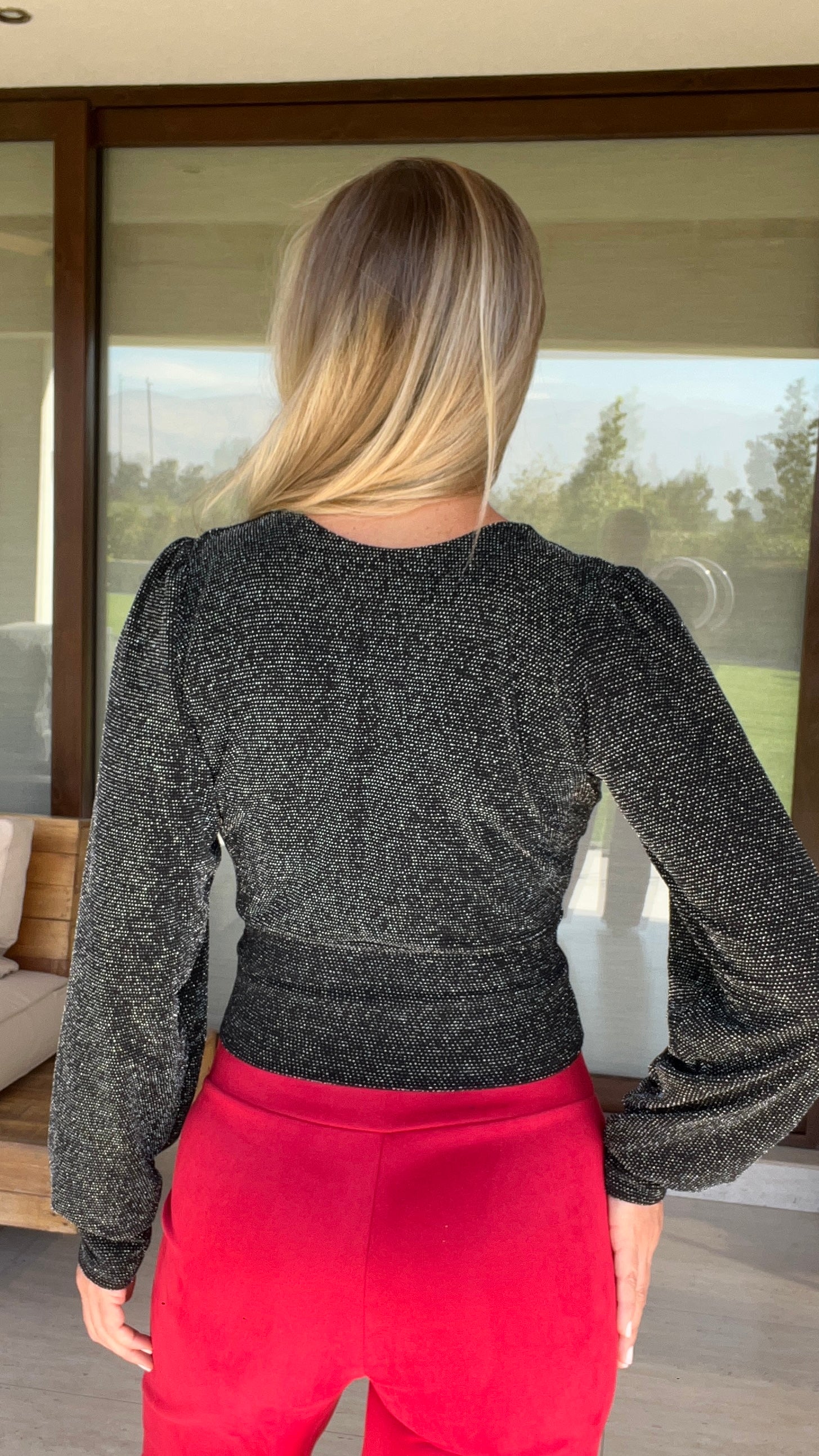 Crop Top Manga Larga Negro Puntos Plata