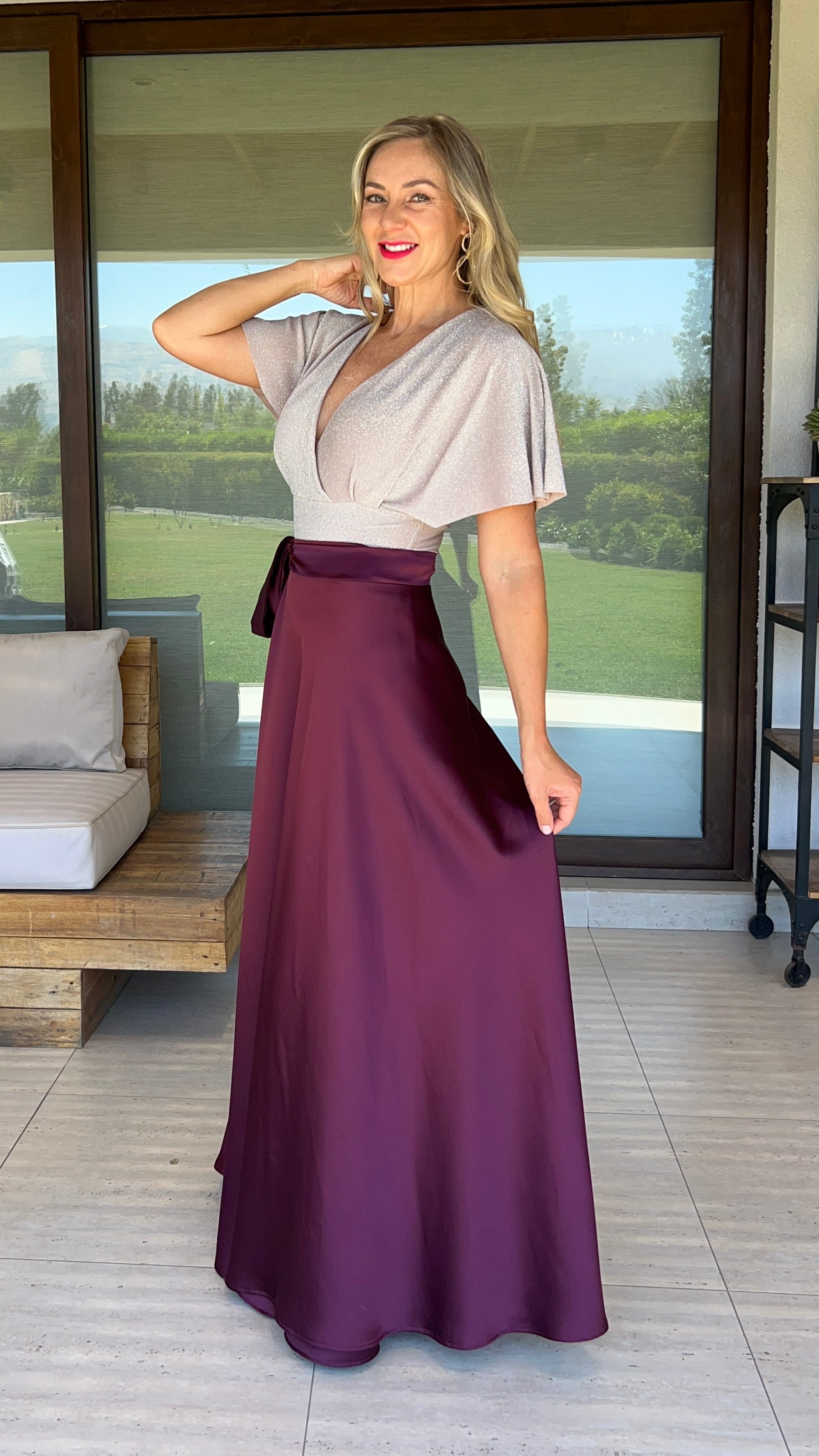 Falda Envolvente Piel de Seda Berenjena