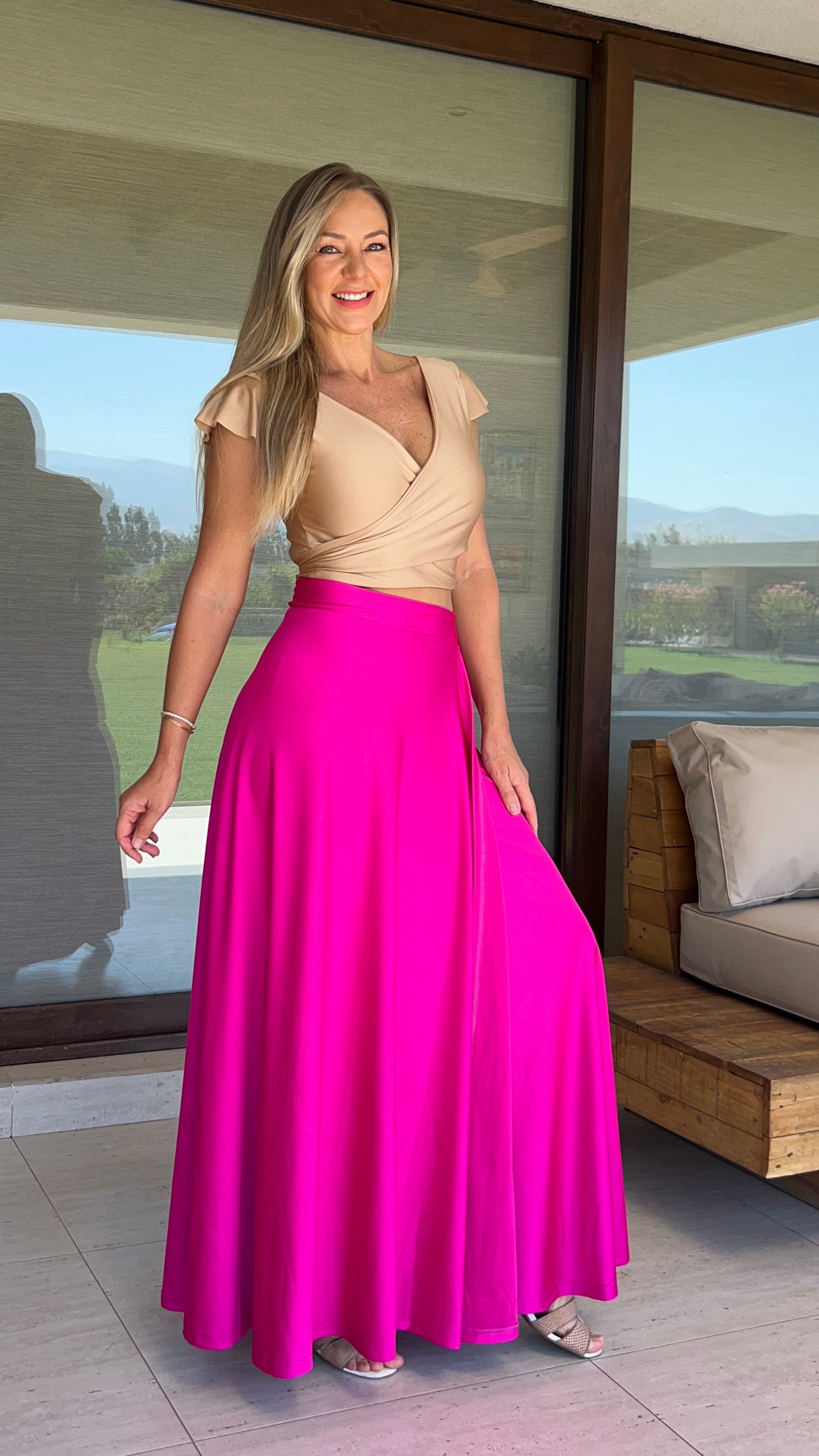 Falda envolvente dupont fucsia| Conjunto Fiesta fucsia falda larga|Amoramar.cl