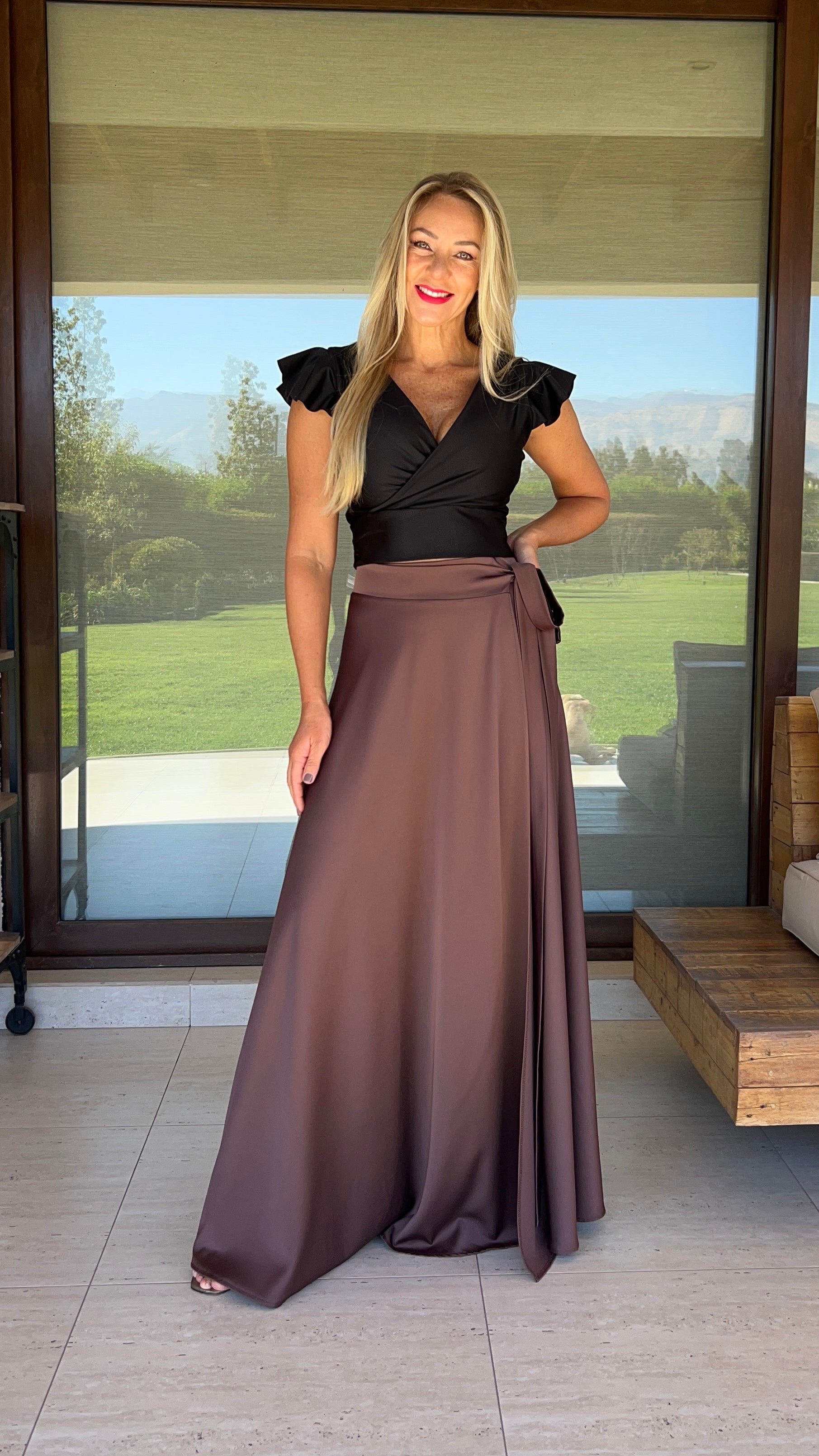 Falda fiesta mujer Chocolate| Falda larga taupe|Amoramar.cl
