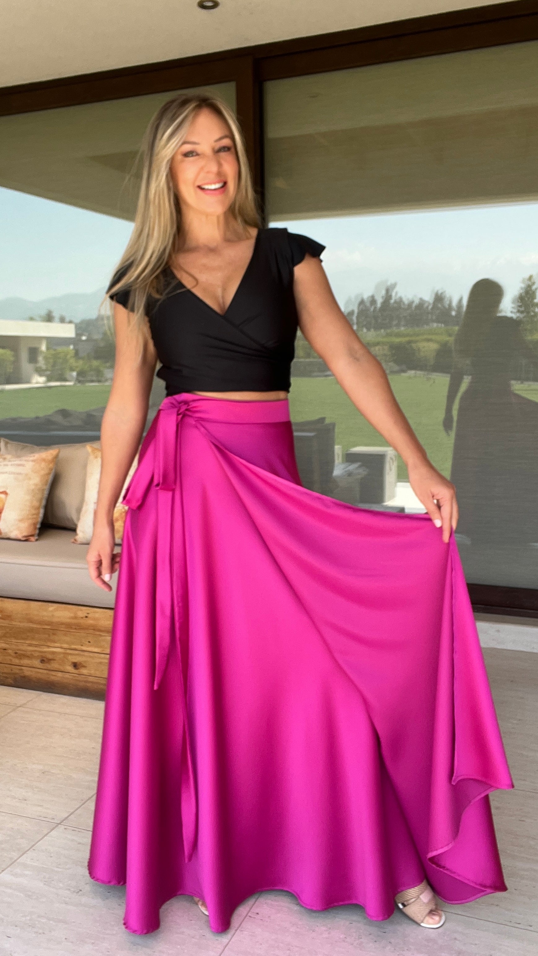 Falda Piel de Seda Fucsia