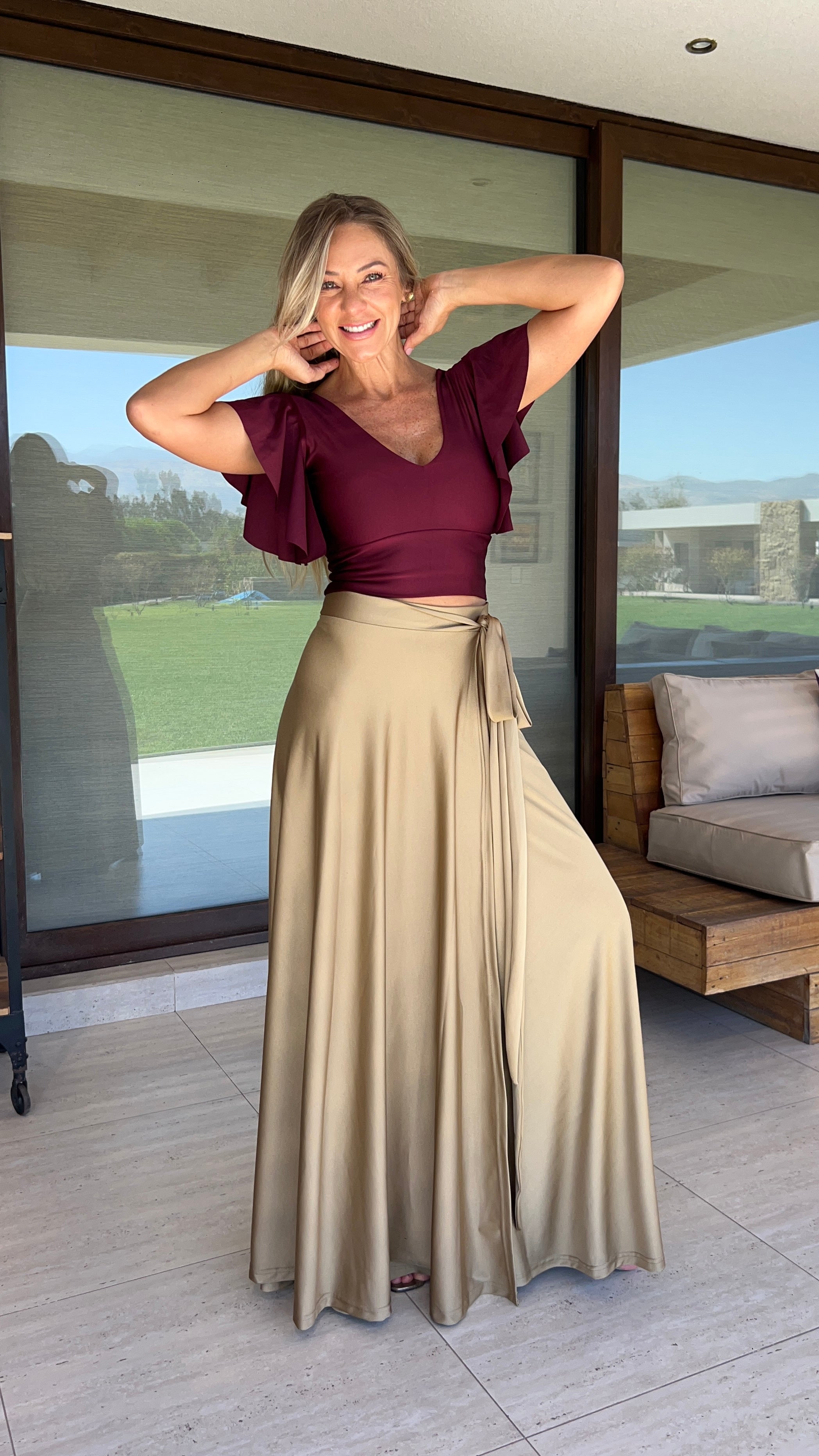 Falda envolvente Gold amarre tipo pareo| falda larga dorada| Amoramar.cl