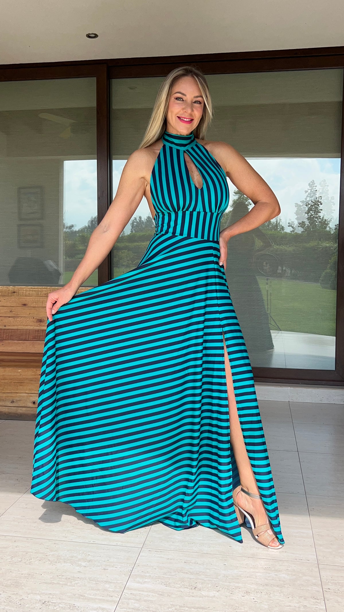 Vestido Silvia Rayas Turquesa y Azul Marino