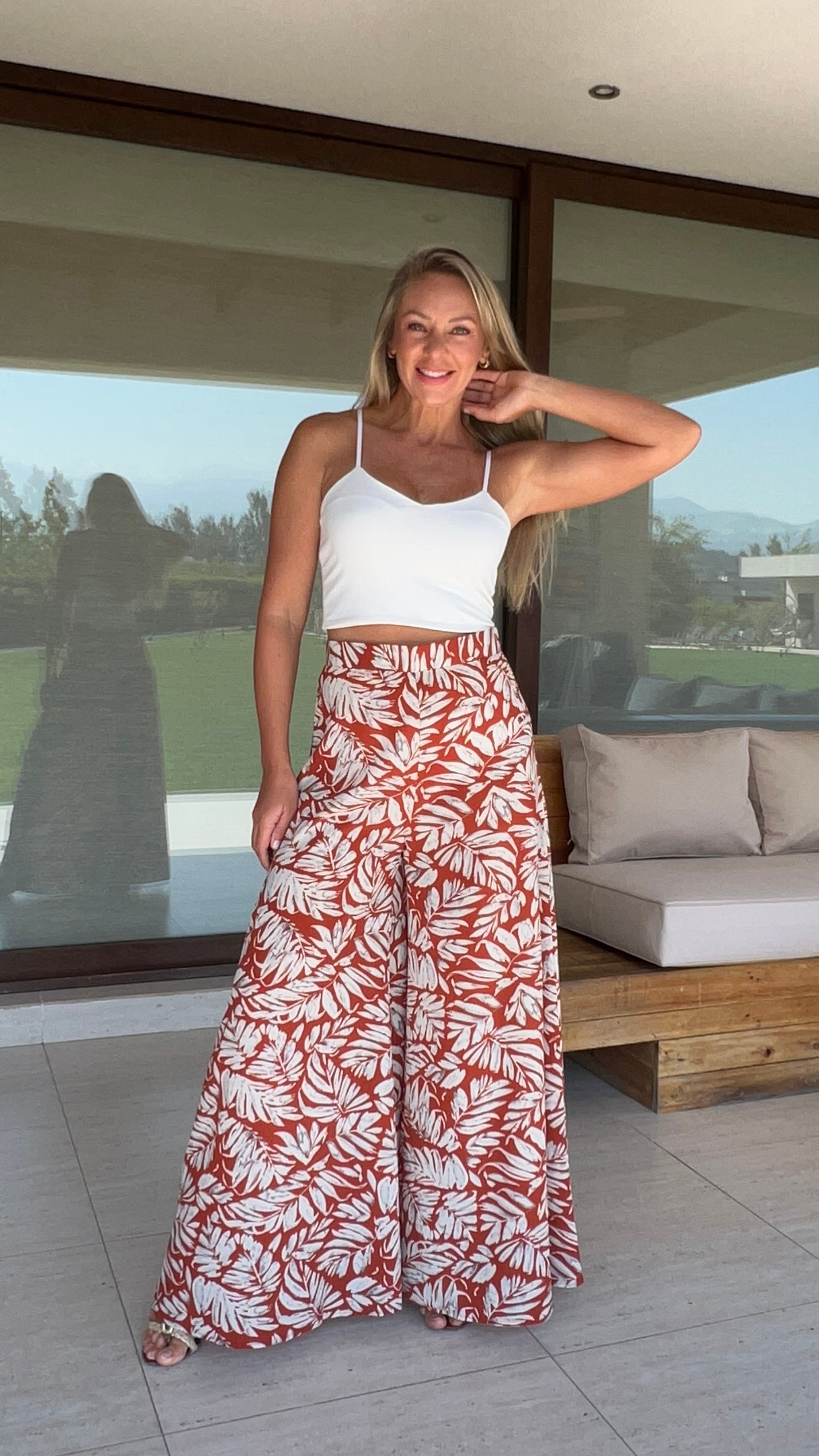Palazzo florencia terracota hojas nude| palazzo wide leg cobre |Amoramar.cl