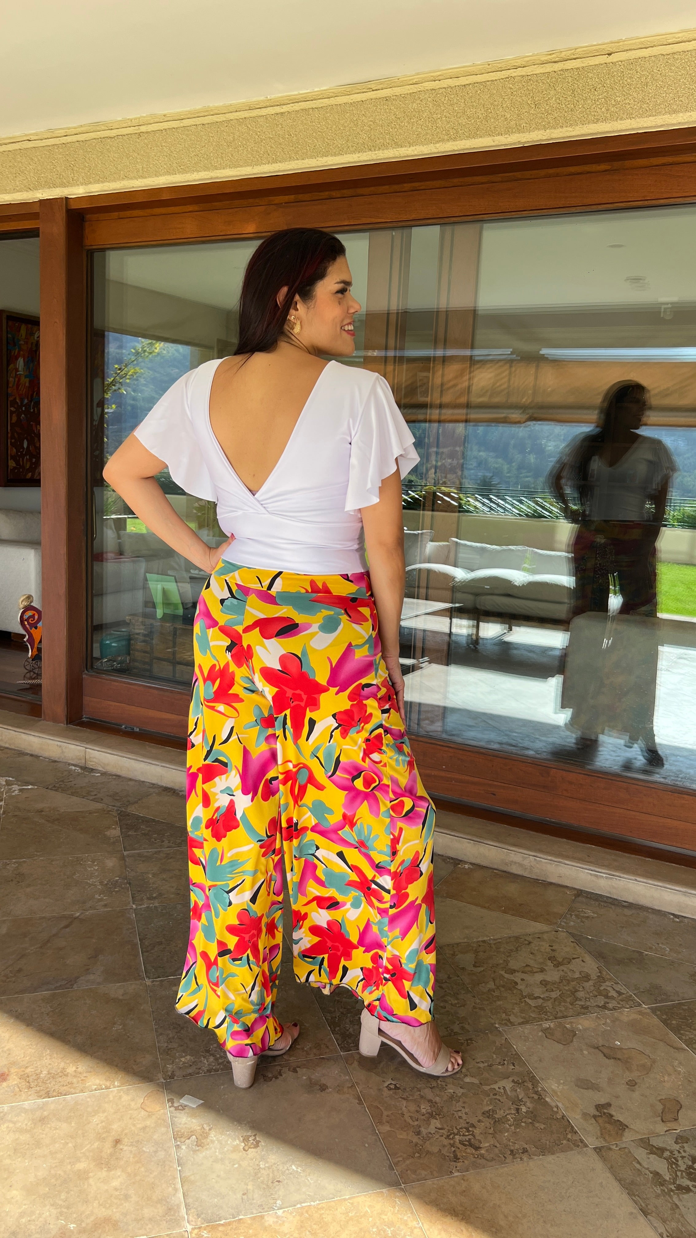 Palazzo Ity con Pretina Amarillo Flores Multicolor