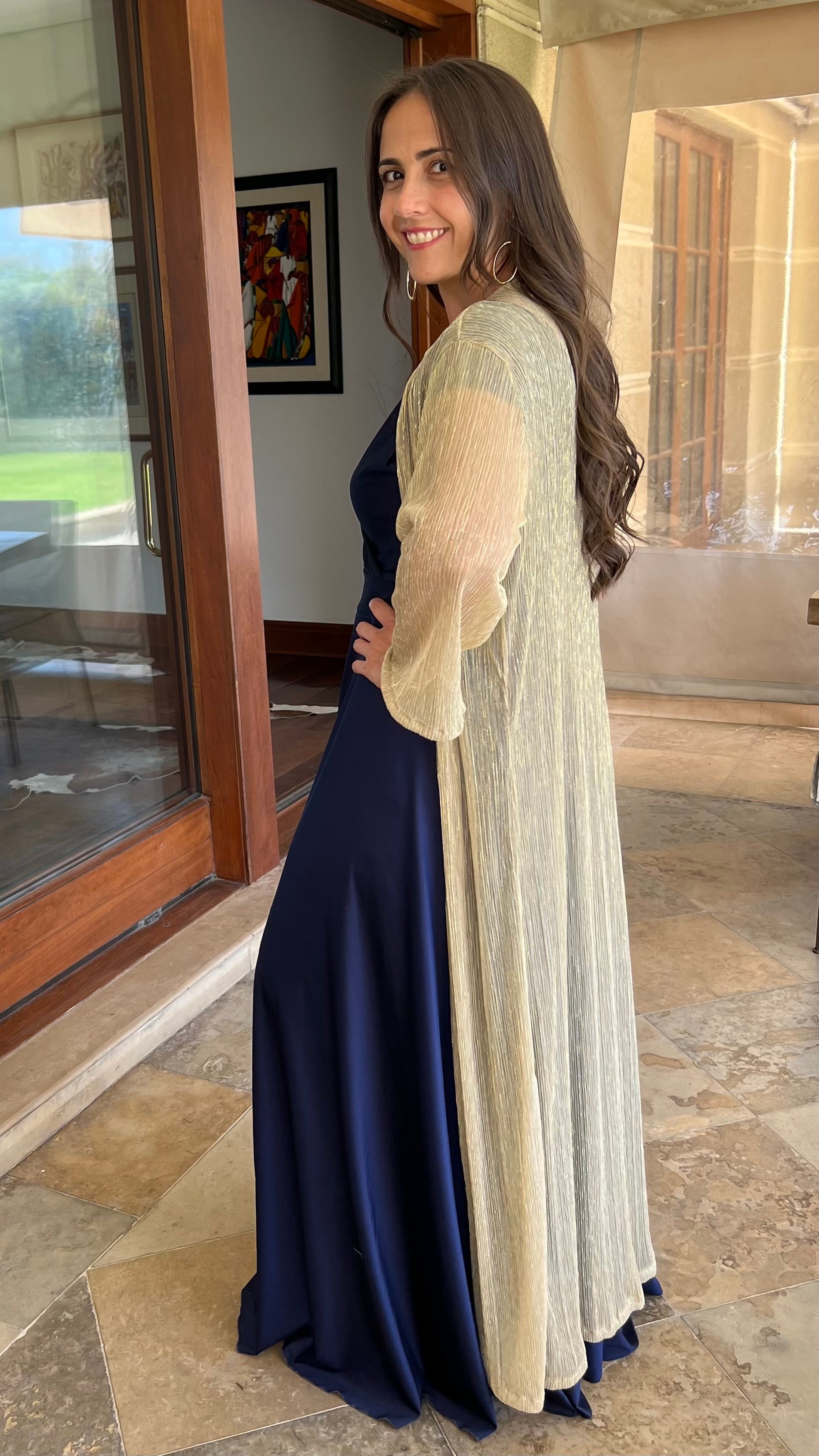 Tapado Plisado Dorado traslúcido, Kimono fiesta mujer dorado| Amoramar.cl