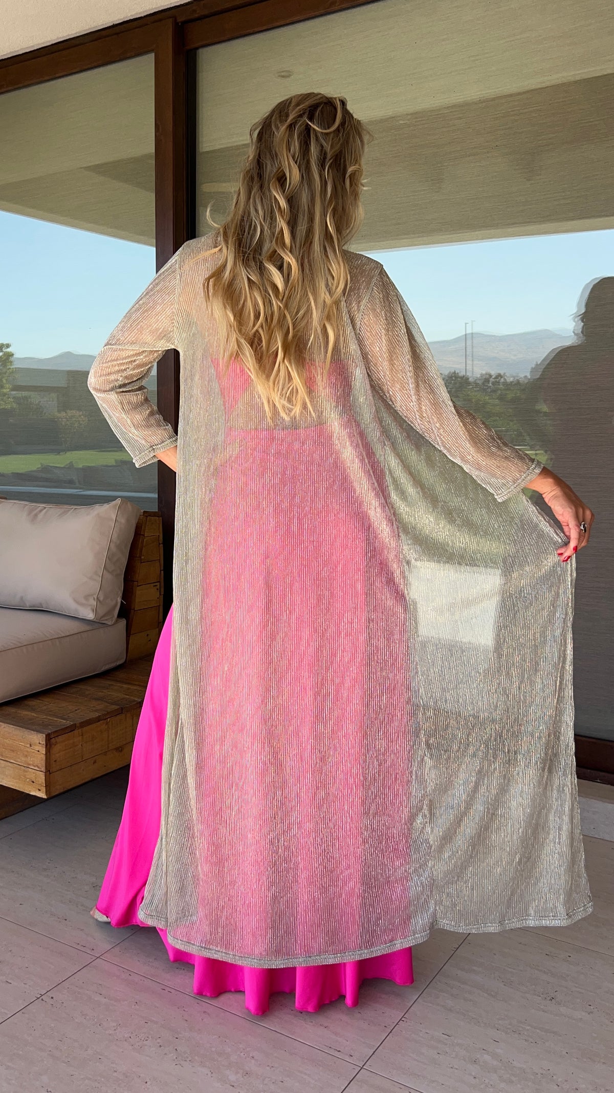 Tapado Dorado Hilos Plata traslúcido, Kimono fiesta mujer | Amoramar.cl