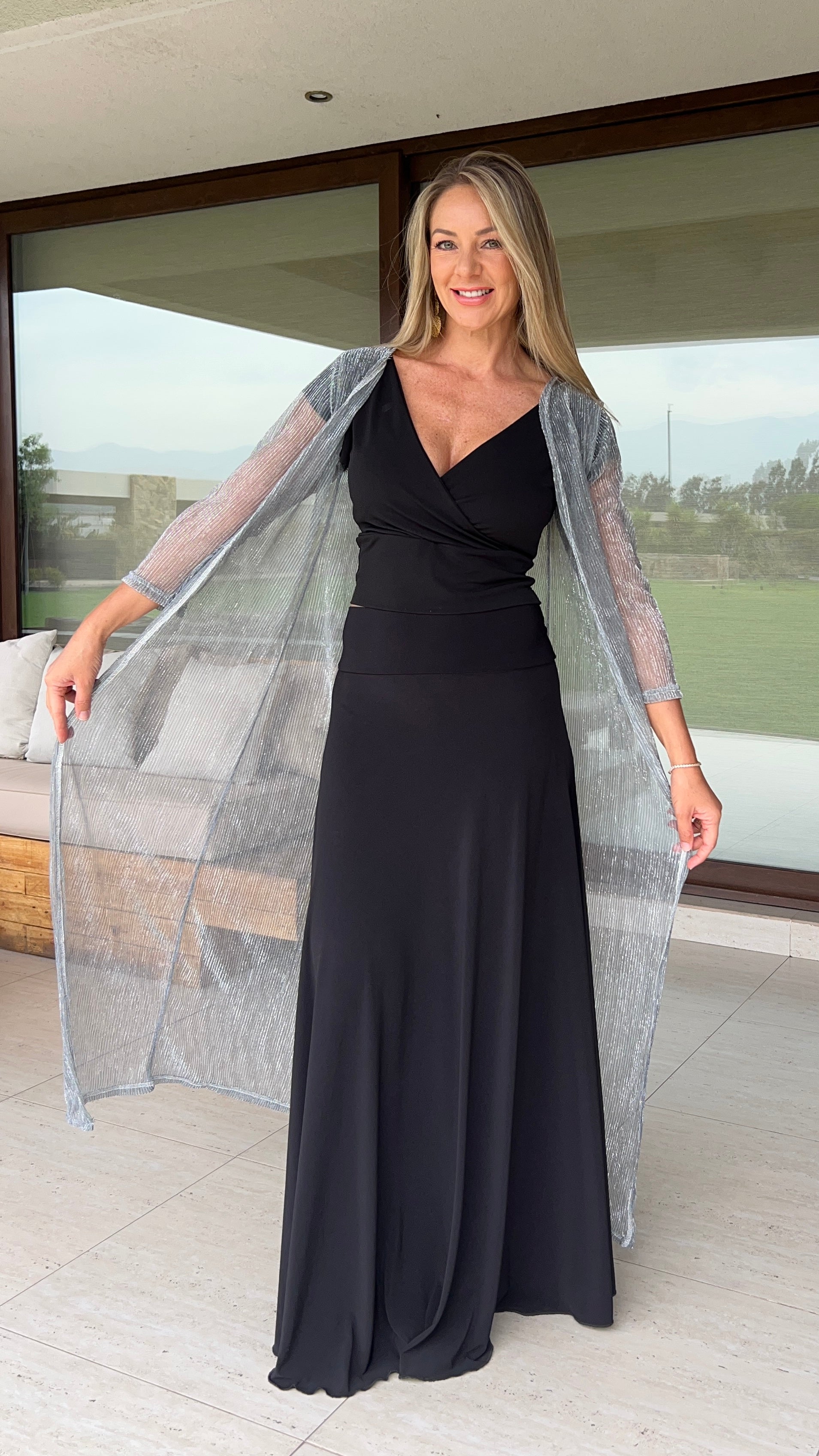 Tapado Gris Hilos Plata traslúcido, Kimono fiesta mujer gris| Amoramar.cl