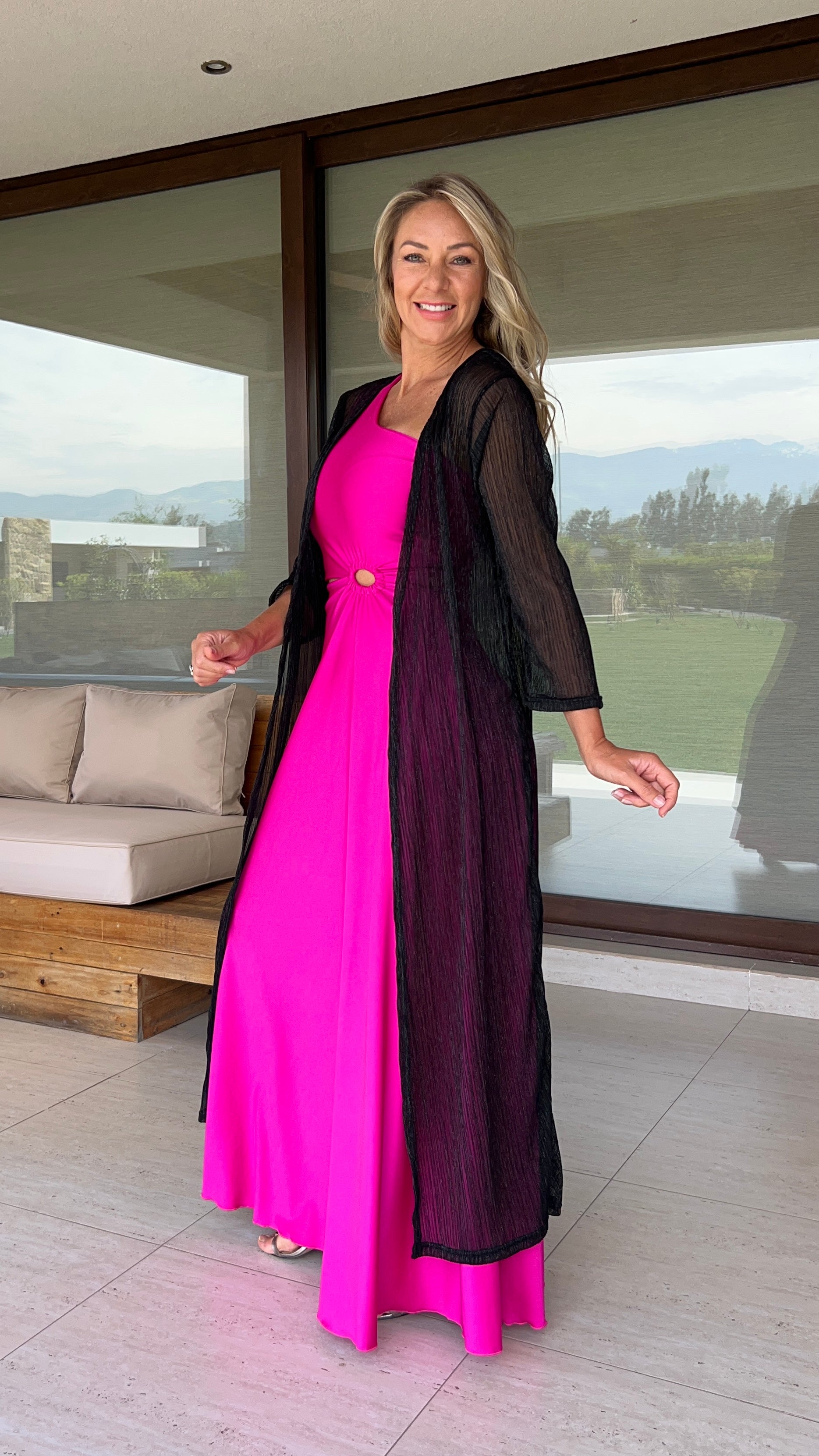 Tapado Plisado Negro traslúcido, Kimono fiesta mujer negro brillos|Amoramar.cl