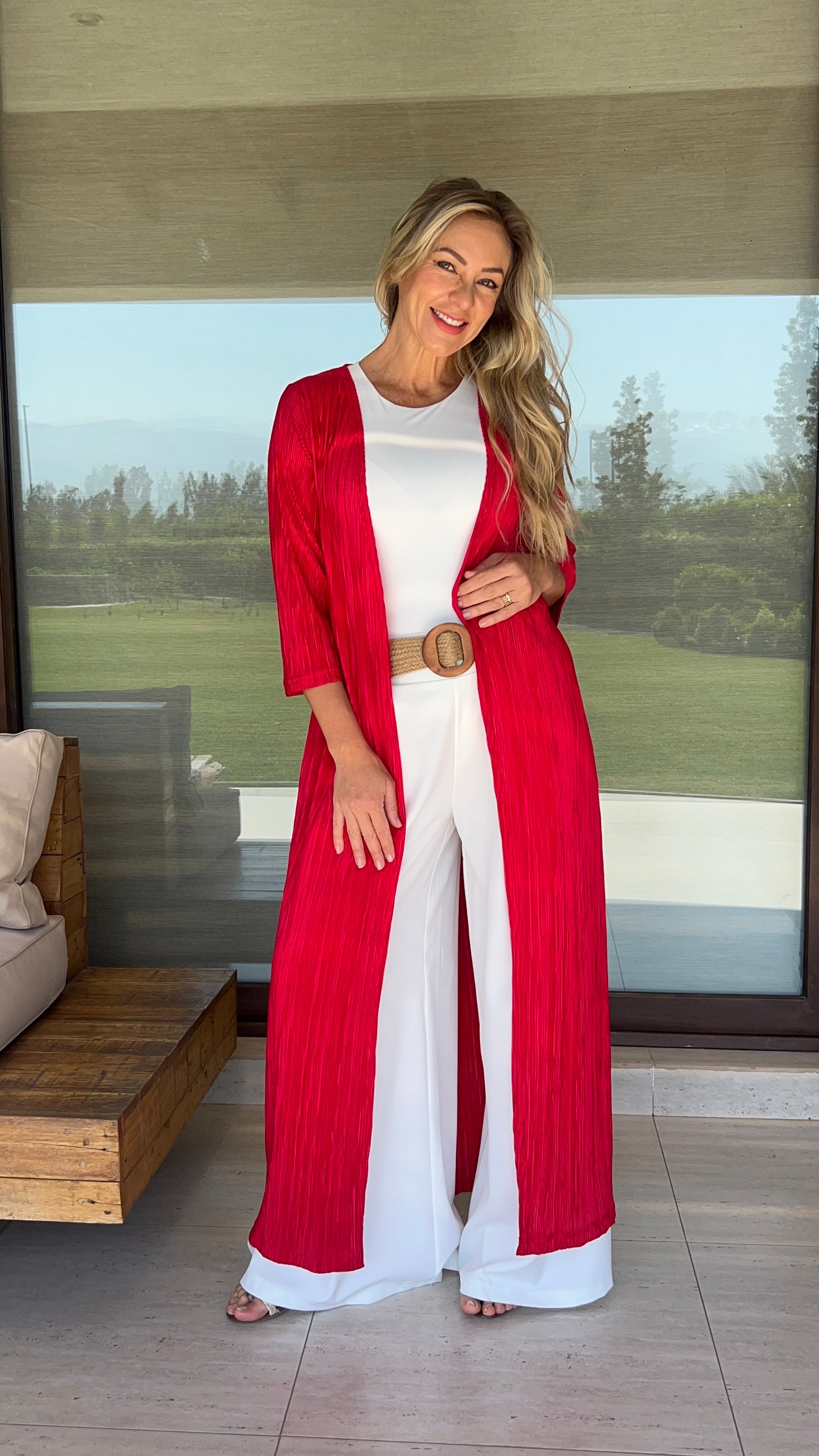 Tapado largo de fiesta Rojo, kimono mujer. AMORAMAR.CL