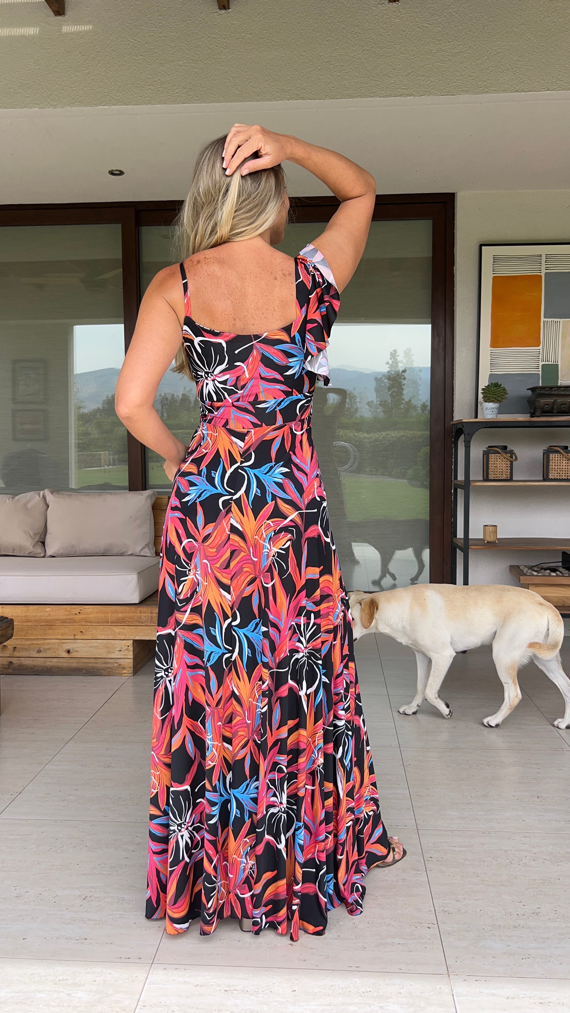 Vestido Amalia Hojas Tropicales Naranja y turquesa, vestido mujer largo con tirantes. Amoramar.cl