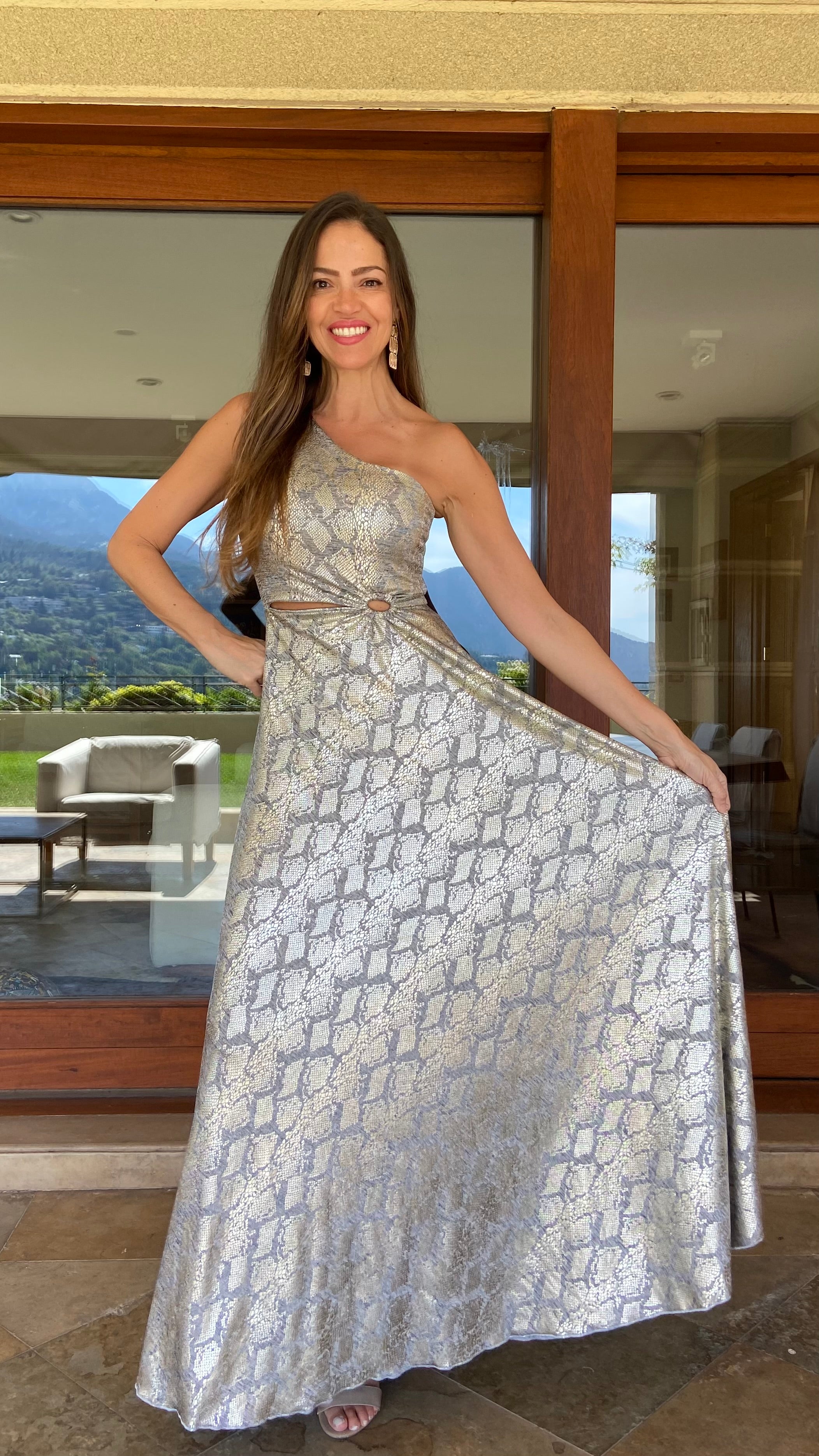 Vestido Isidora Print Snake Dorado Plata