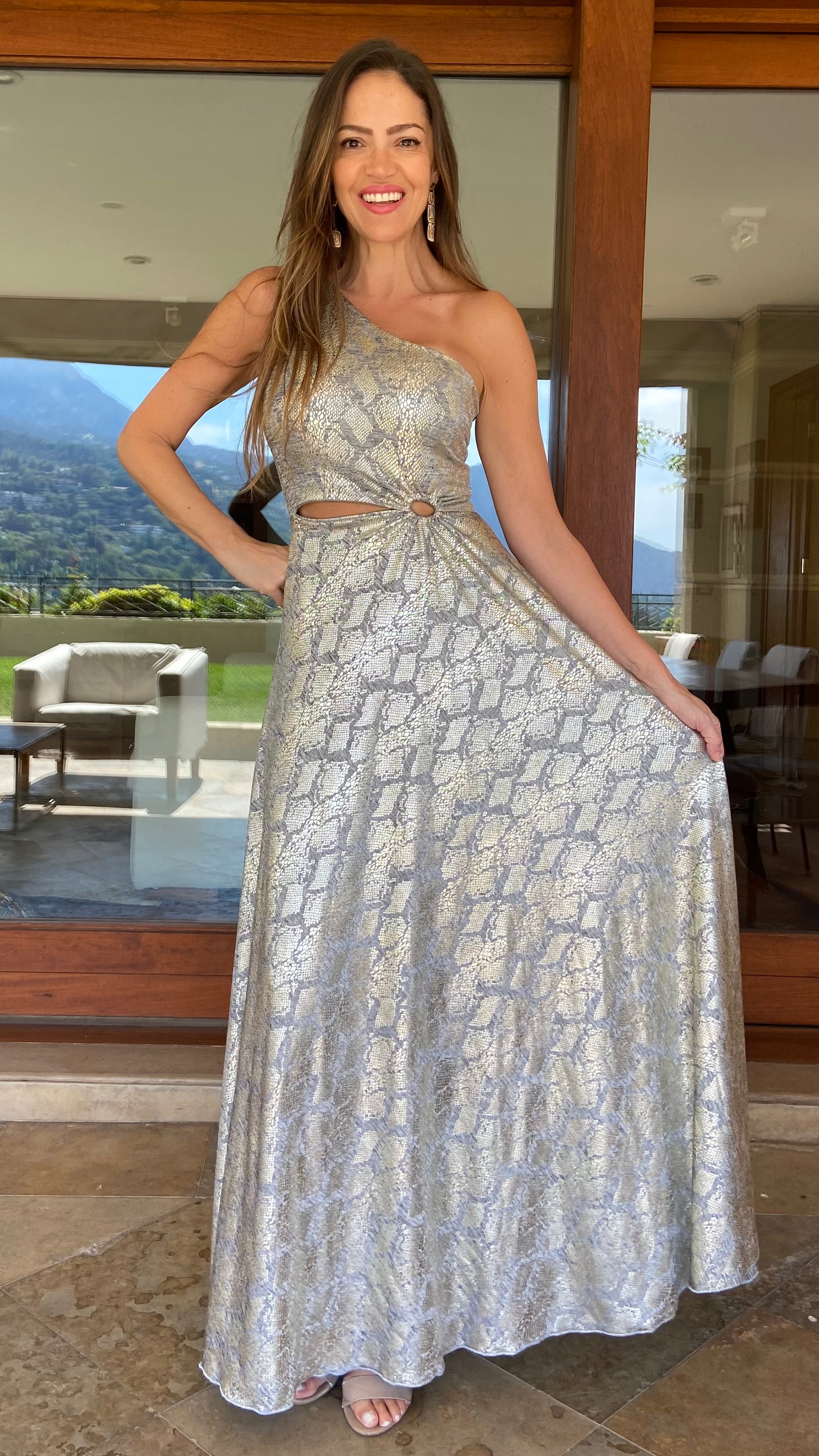 Vestido Isidora Print Snake Dorado Plata