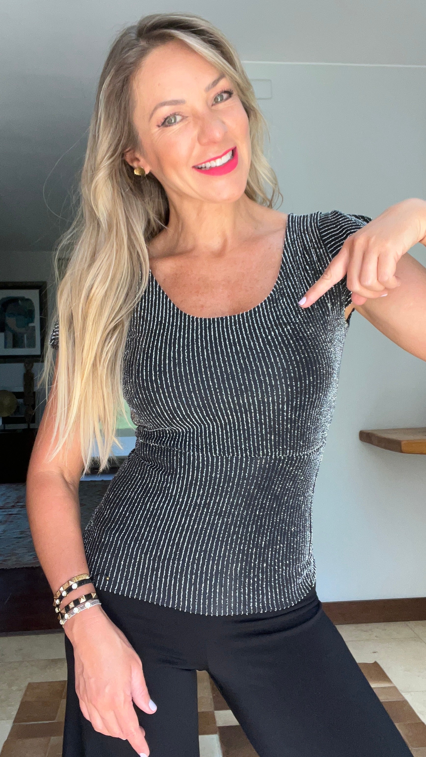 Top Mediano Doble Postura Fiesta Negro Brillo Plateado | Amoramar.cl 1